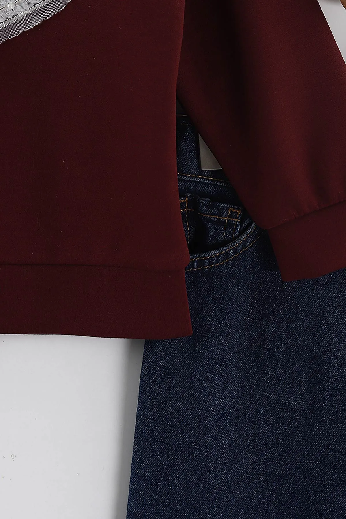 Bordo (3-10 Yaş)  Tüllü İnci Nakışlı  Lazer Kesim Kot Pantolonlu Kız Çocuk 2'li Takım 437379