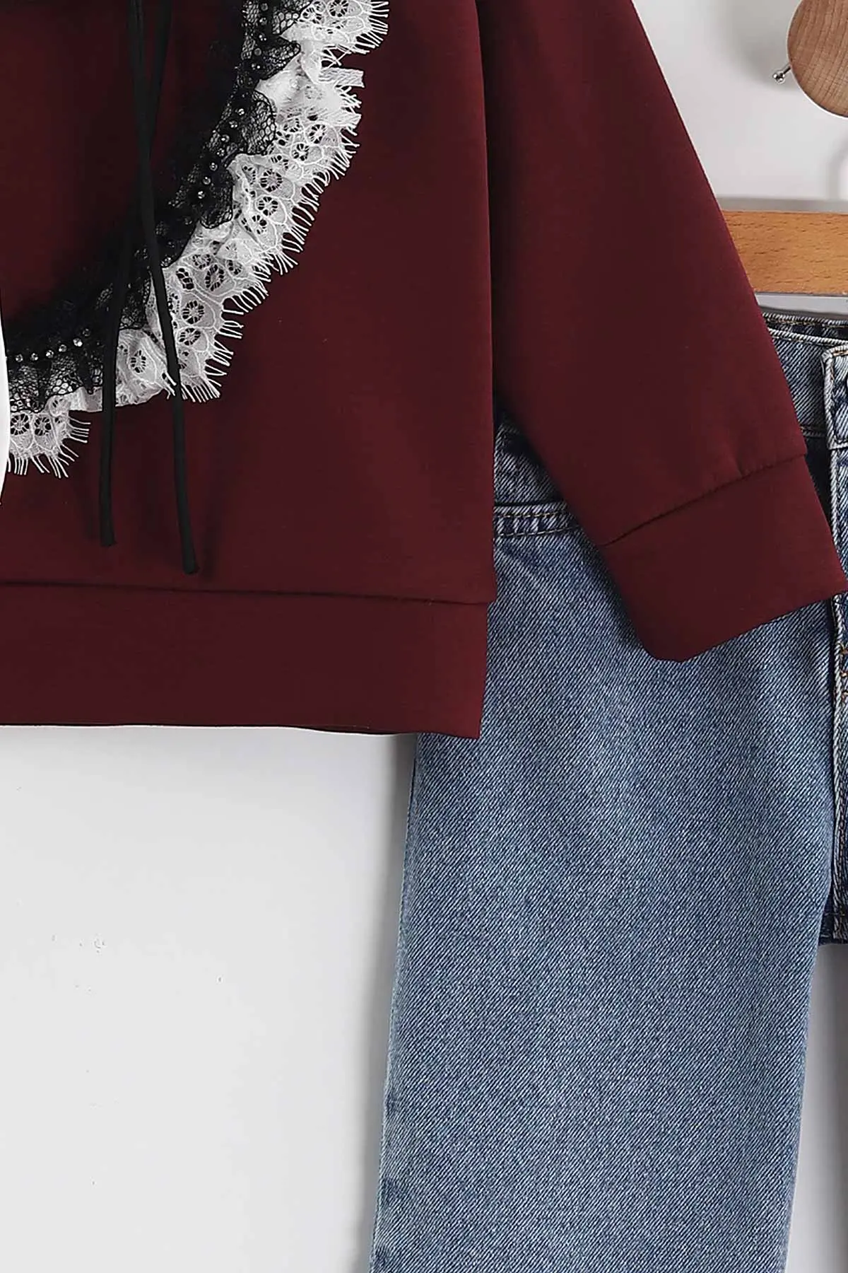 Bordo (3-10 Yaş)  Tüllü Nakışlı Lazer Kesim Kot Pantolonlu Kız Çocuk 2'li Takım 437392