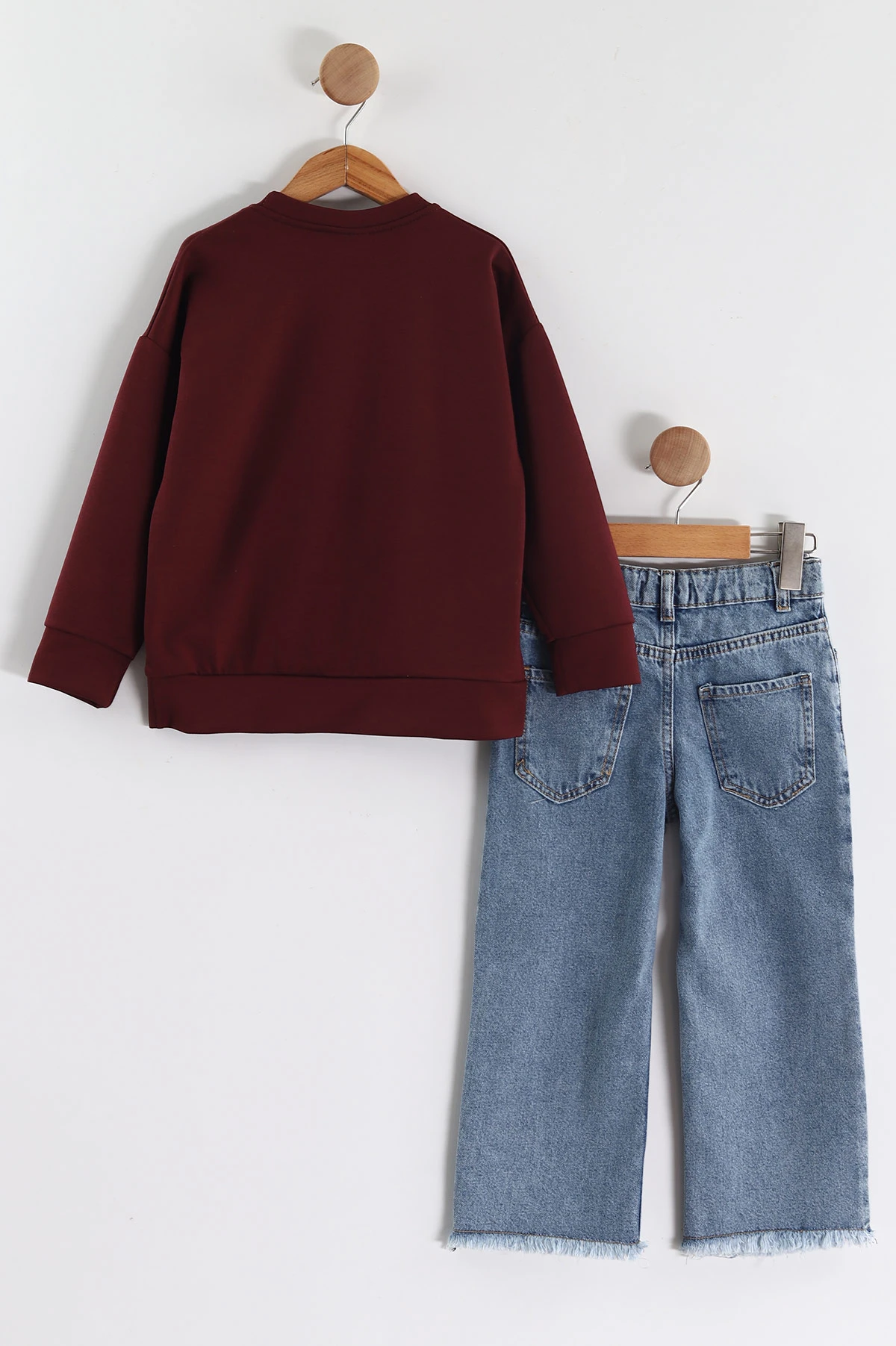 Bordo (3-10 Yaş)  Tüllü Nakışlı Lazer Kesim Kot Pantolonlu Kız Çocuk 2'li Takım 437392