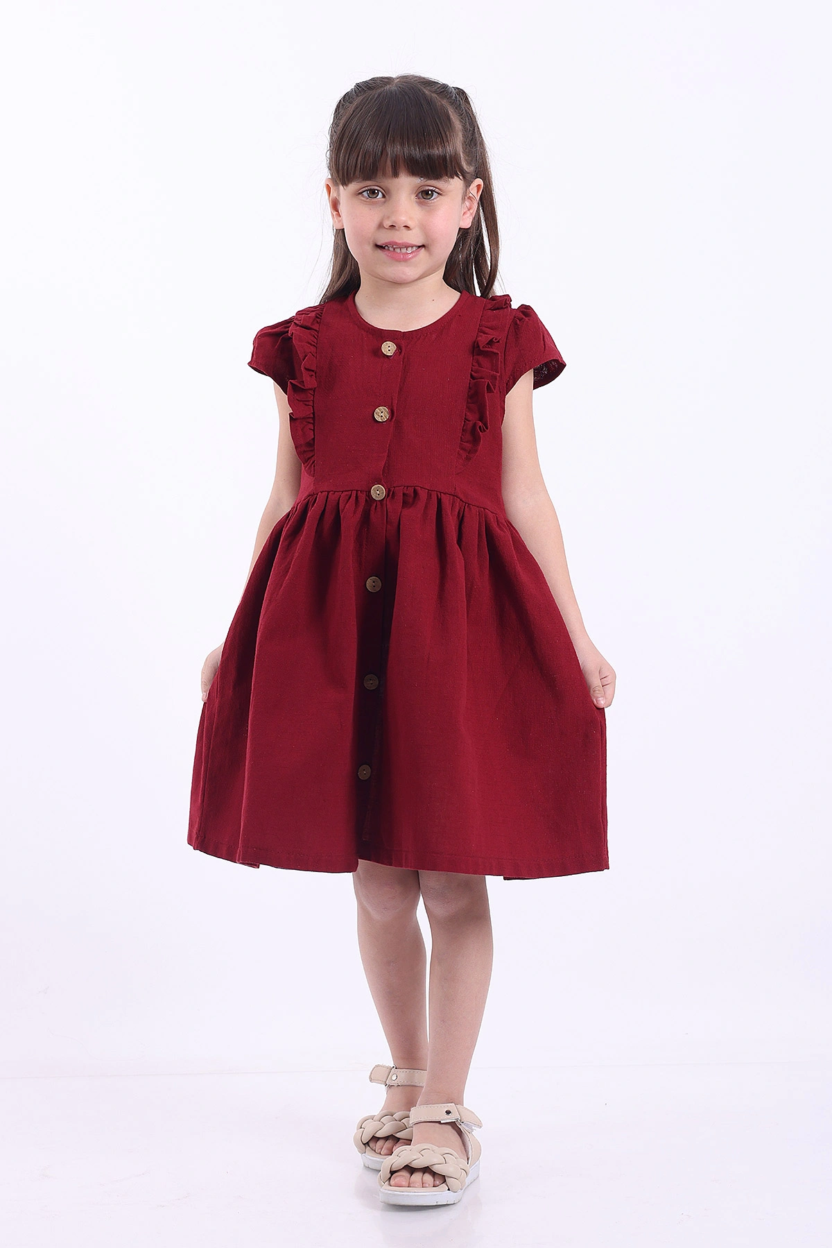 Bordo (3-8 Yaş)Önden Fırfırlı Düğmeli Kız Çocuk Elbise 345123