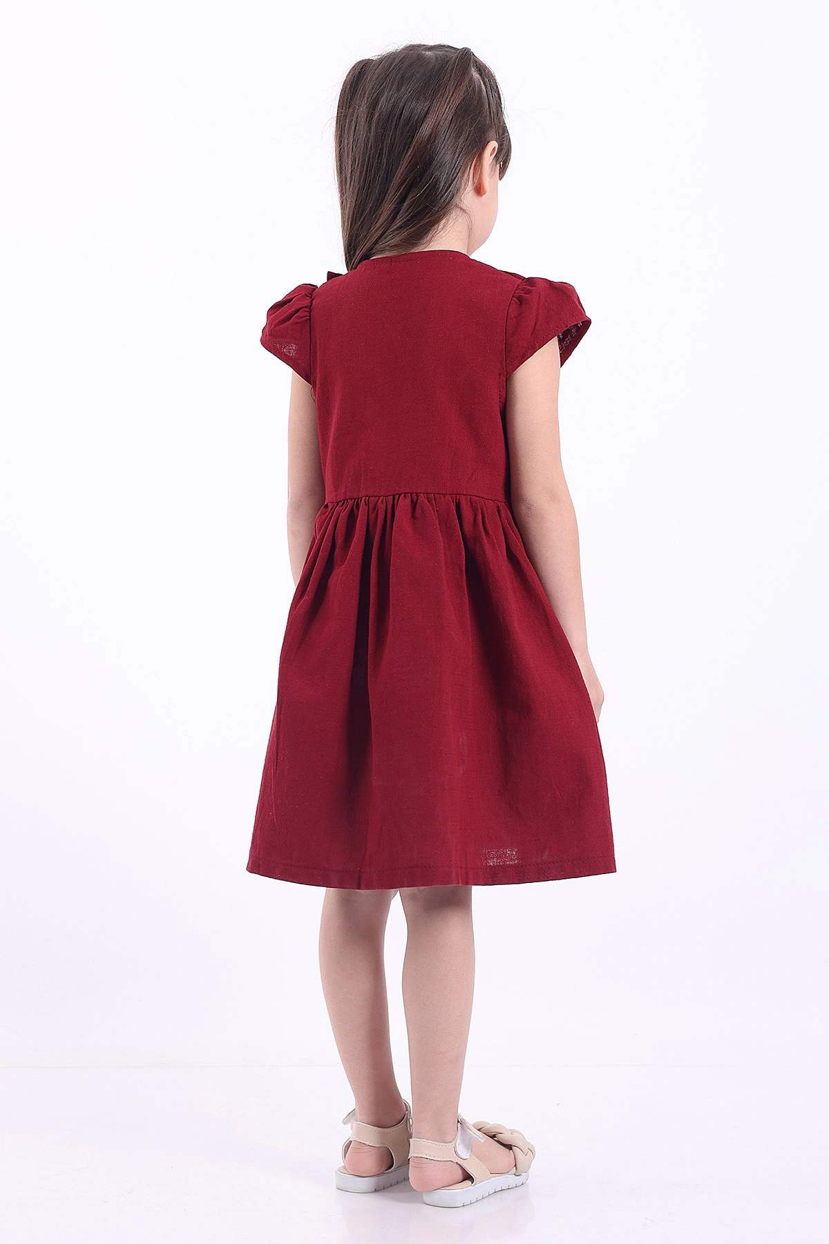 Bordo (3-8 Yaş)Önden Fırfırlı Düğmeli Kız Çocuk Elbise 345123