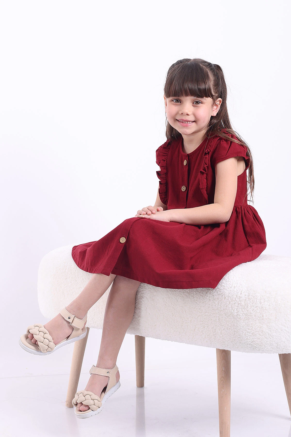 Bordo (3-8 Yaş)Önden Fırfırlı Düğmeli Kız Çocuk Elbise 345123