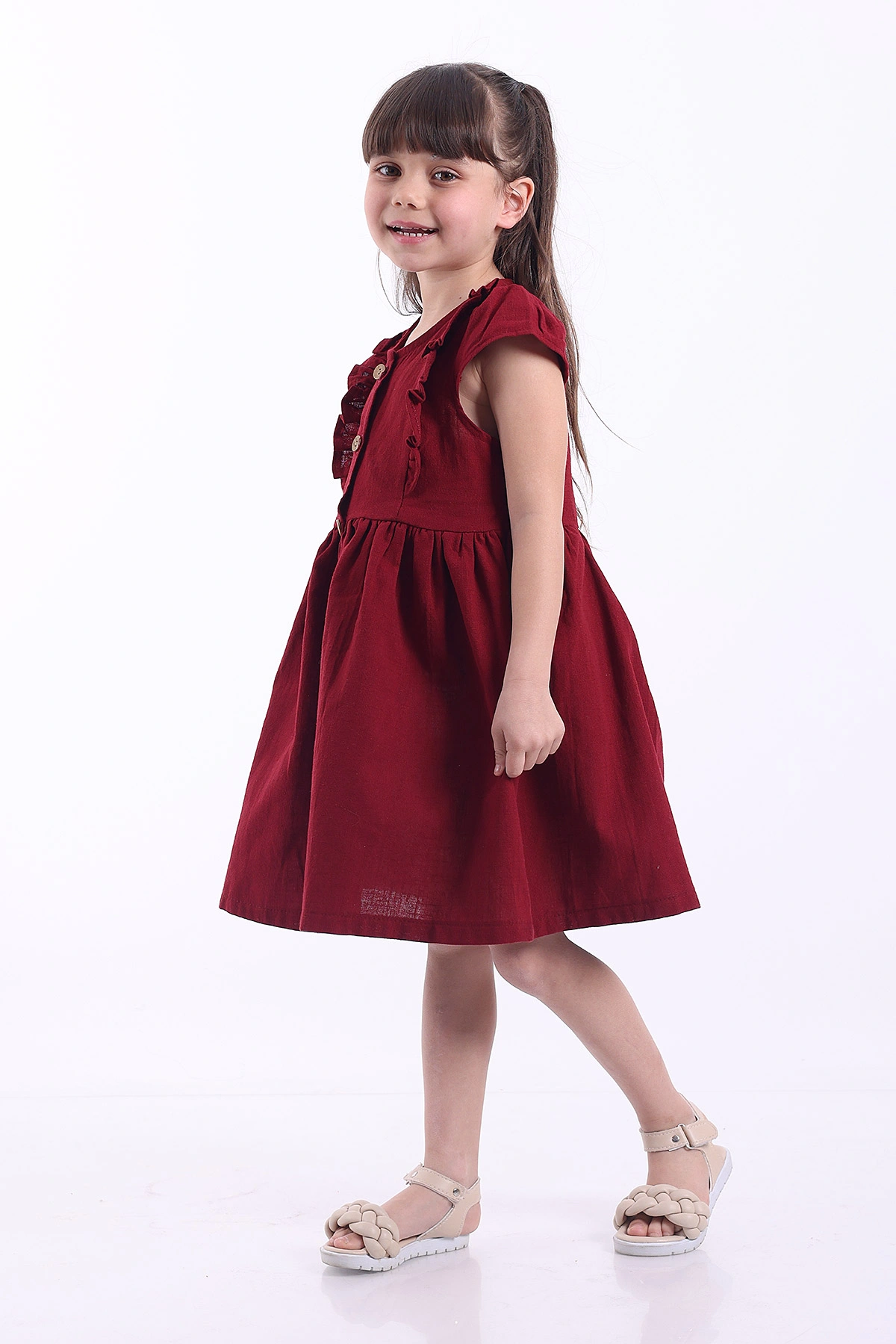 Bordo (3-8 Yaş)Önden Fırfırlı Düğmeli Kız Çocuk Elbise 345123