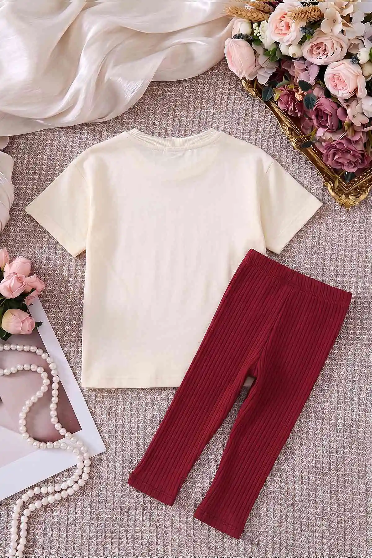 Bordo (4-10 Yaş)Çiçek Nakışlı Brode Cep Detaylı Taytlı Kız Çocuk Takım 469870