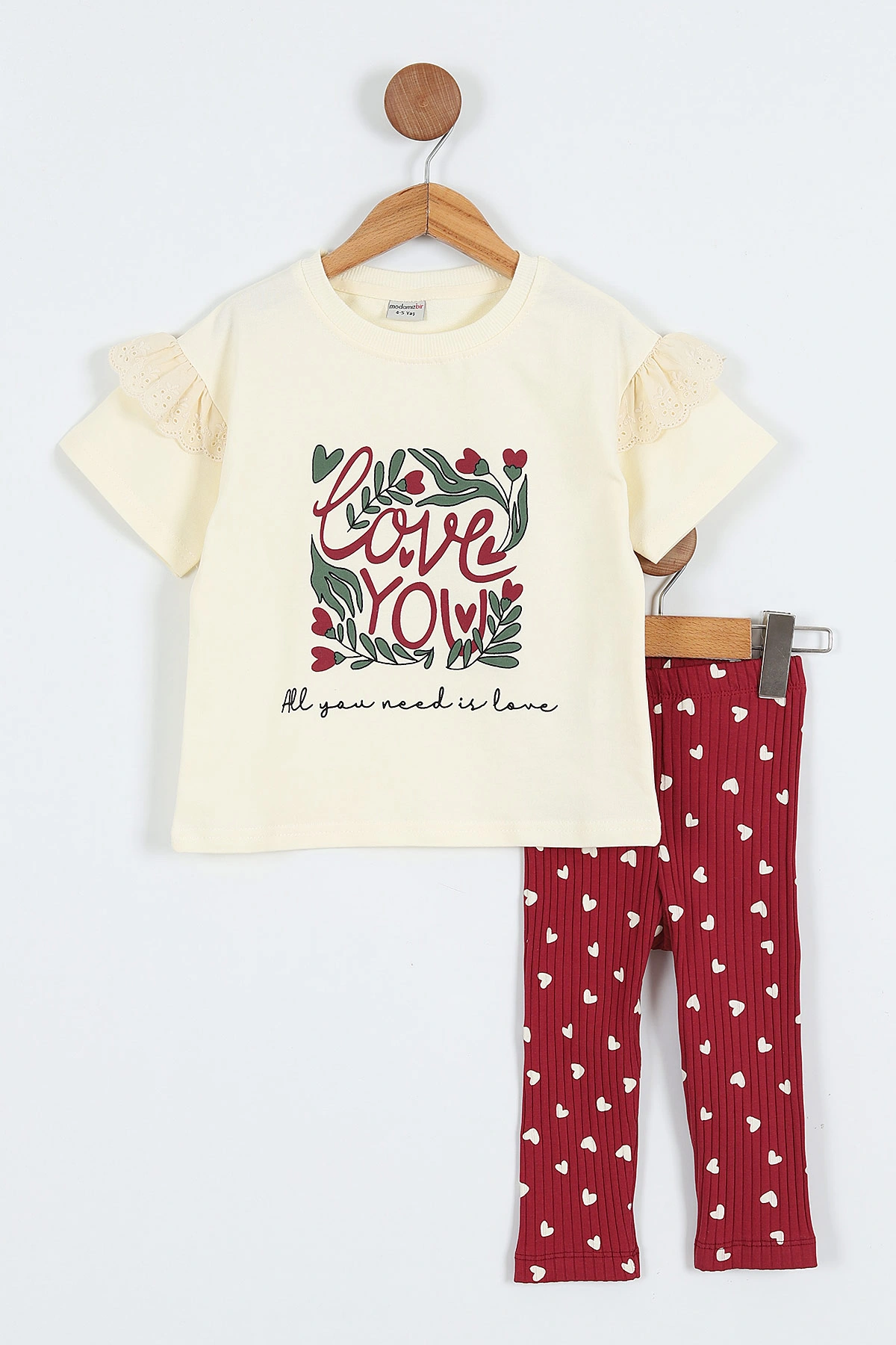 Bordo (4-10 Yaş)Love Kalp Baskılı  Bilek Üstü  Kapri   Taytlı   Kız Çocuk Takım 357297