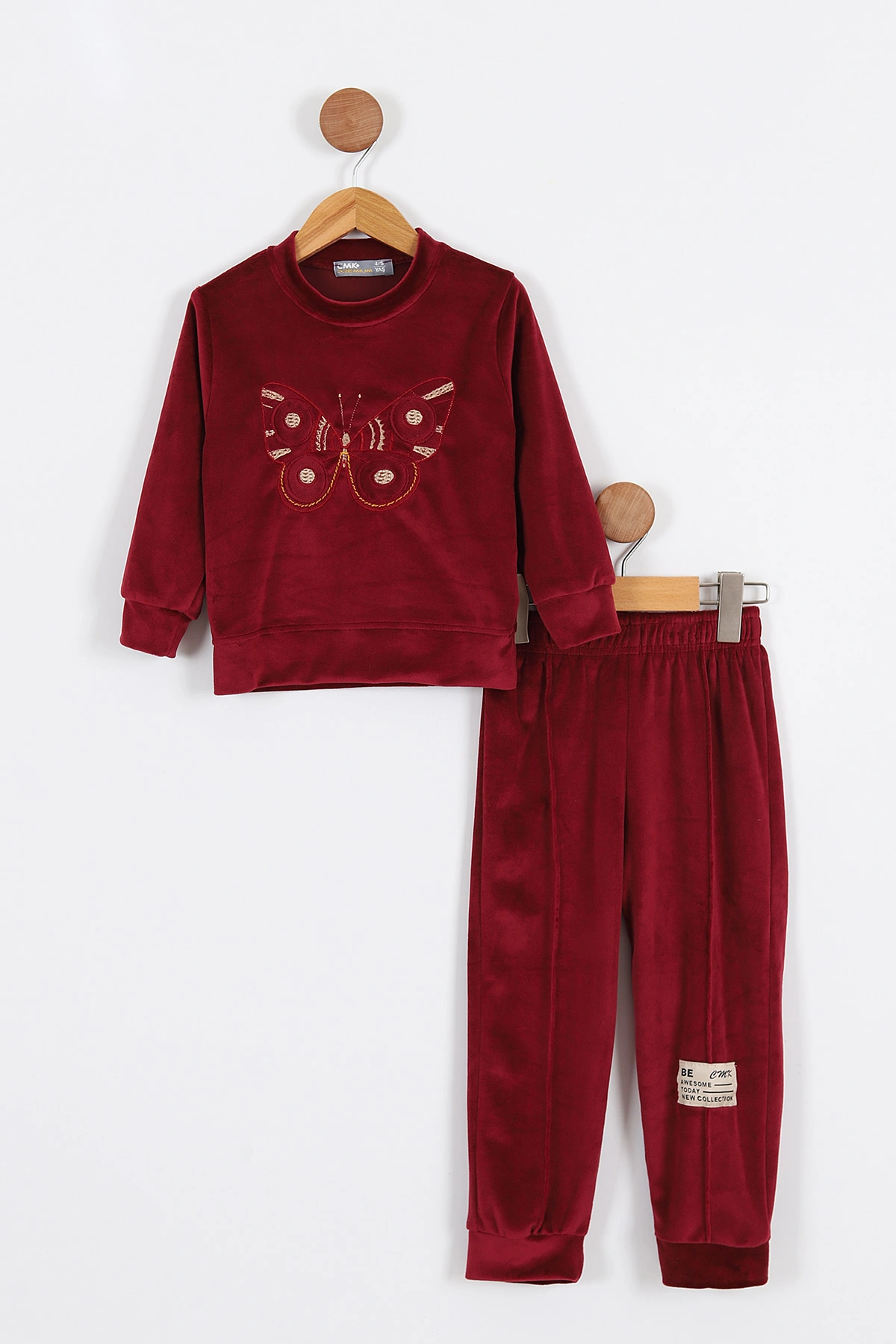 Bordo (4-11 Yaş)Kelebek Nakışlı Kadife Kız Çocuk Takım 308795