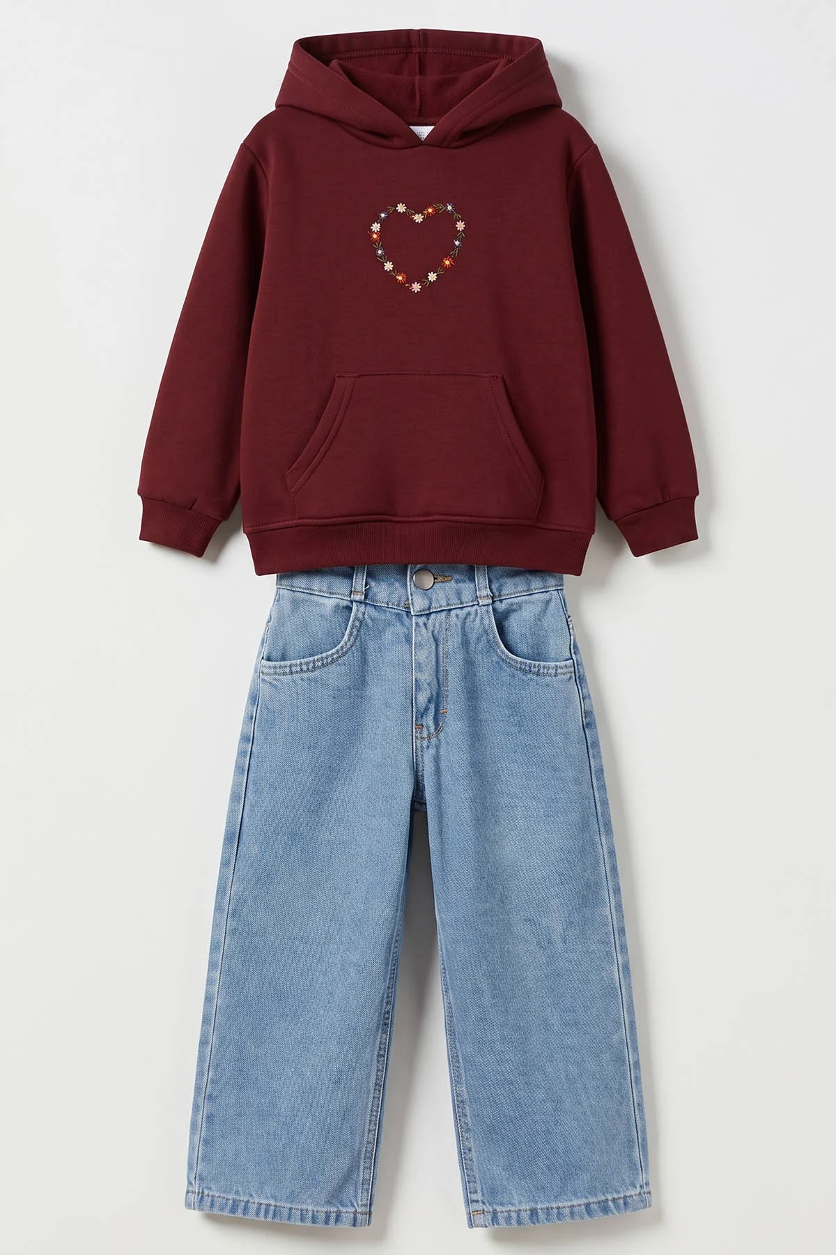 Bordo (4-12 Yaş) 3 İplik Şardonlu Sweatshirt Kot Pantolon Kız Çocuk İkili Takım 492876