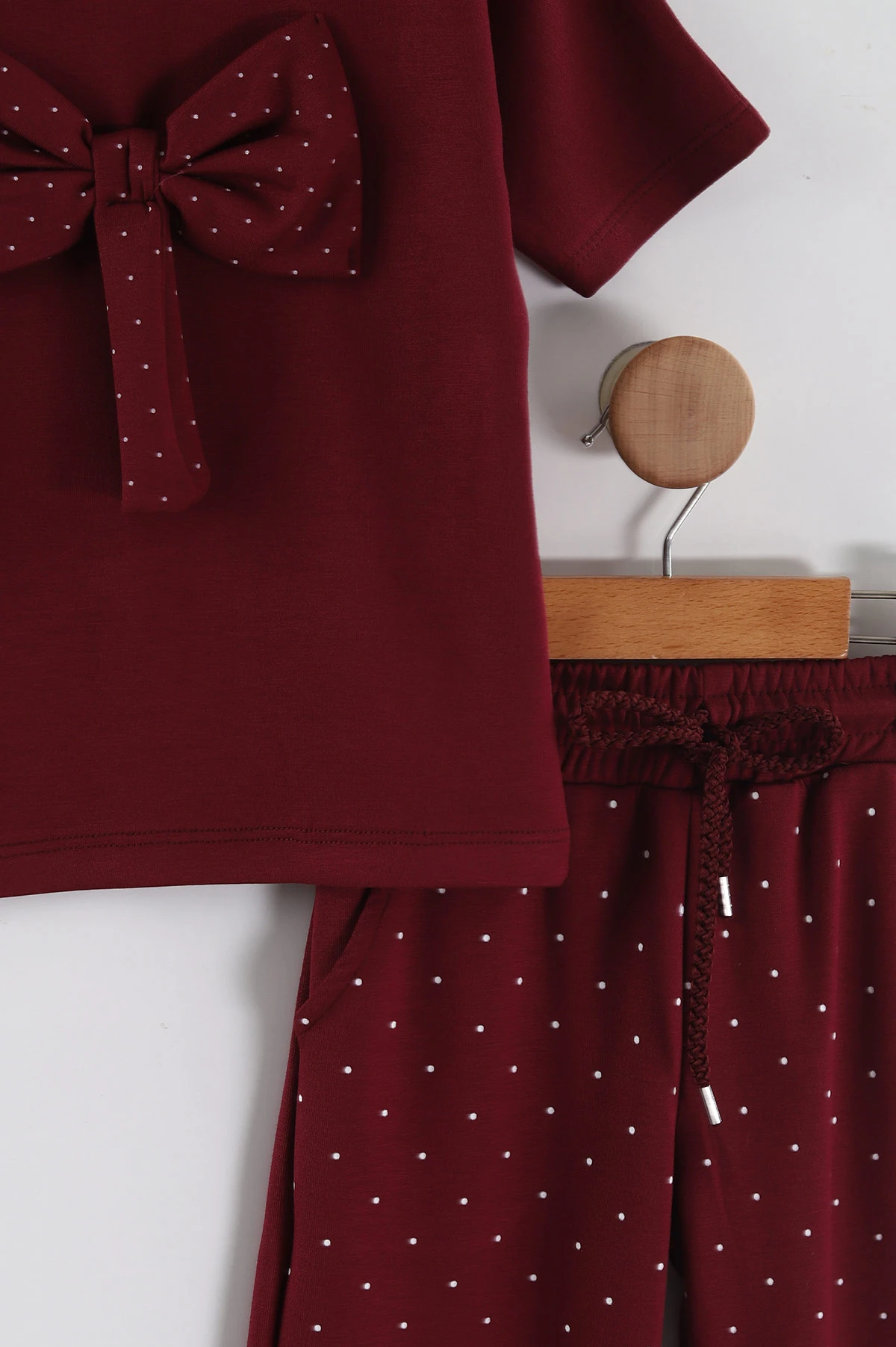 Bordo (4-12 Yaş)Puantiye Fiyonklu Oysho Kumaş Kız Çocuk Takım 458633