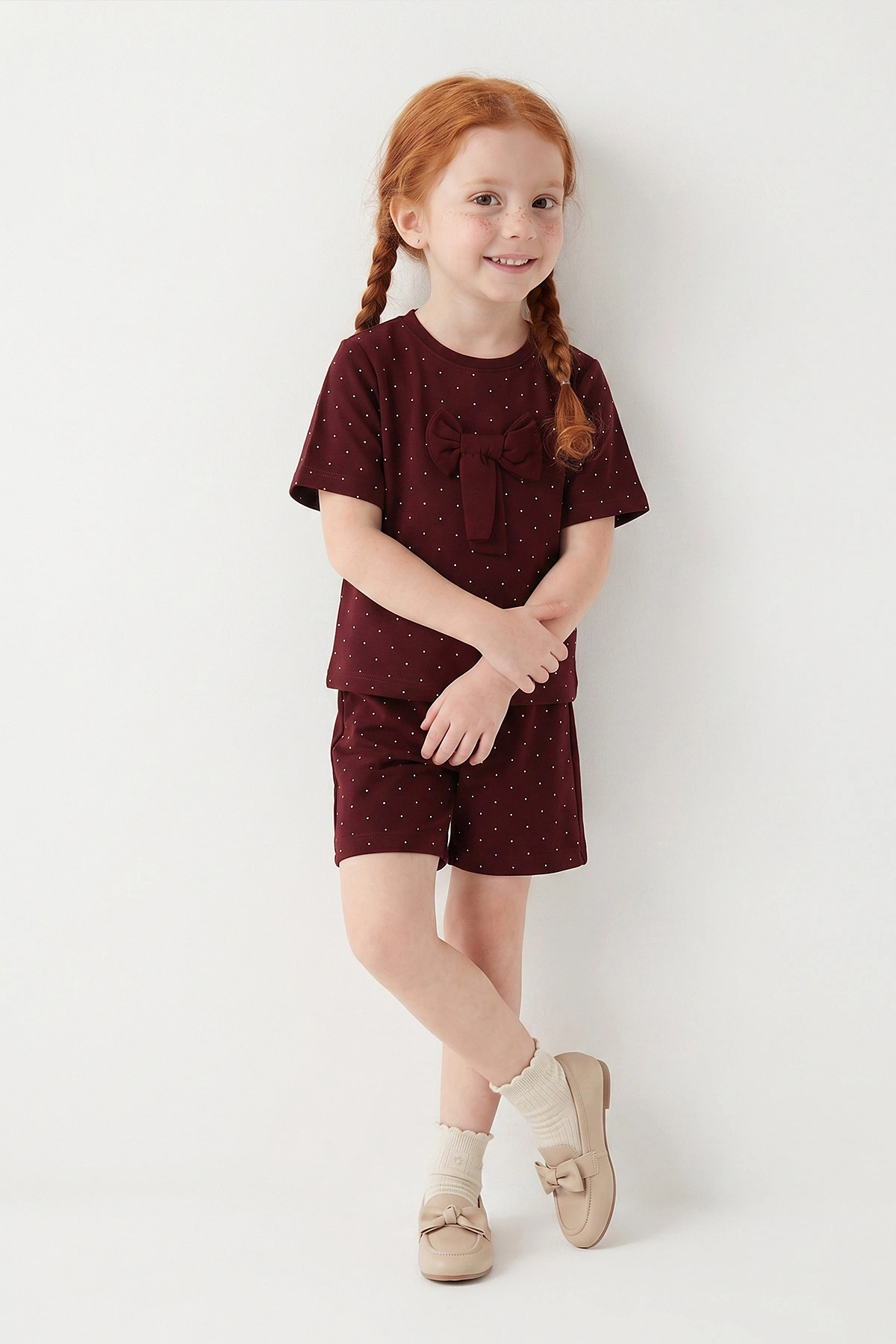 Bordo (4-13 Yaş) Fiyonklu Puantiye Desen Şortlu Oysho Kız Çocuk Yazlık Takım 456036