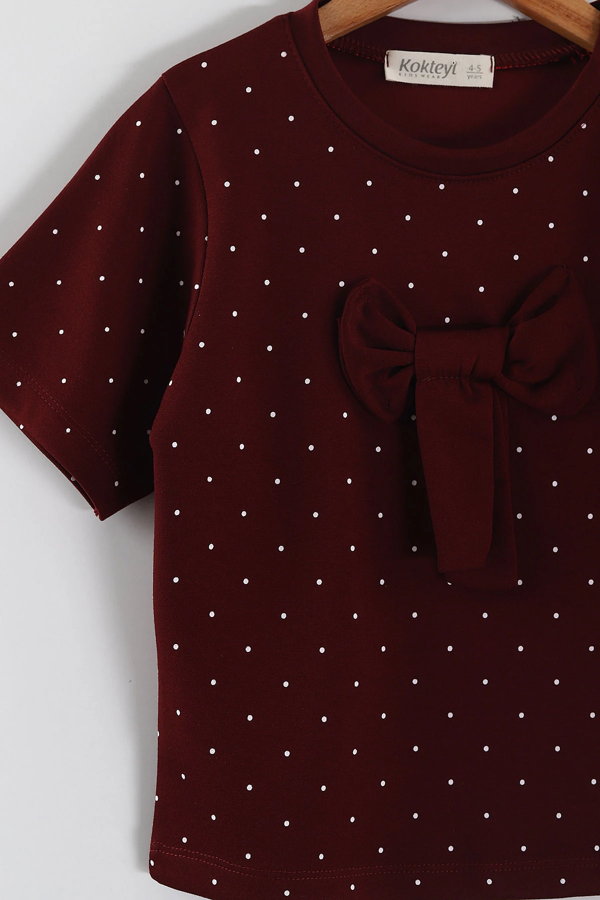 Bordo (4-13 Yaş) Fiyonklu Puantiye Desen Şortlu Oysho Kız Çocuk Yazlık Takım 456036