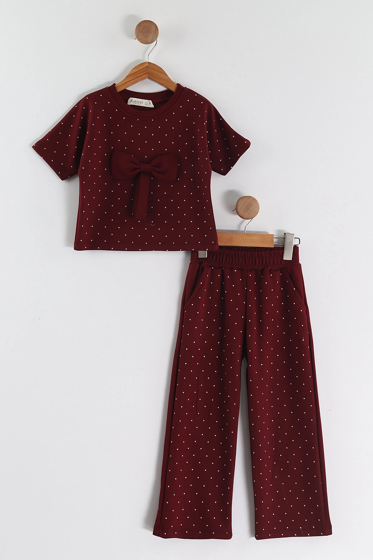Bordo (4-13 Yaş) Puantiye Desen Fiyonklu Pantolonlu Oysho Kız Çocuk Takım 459660