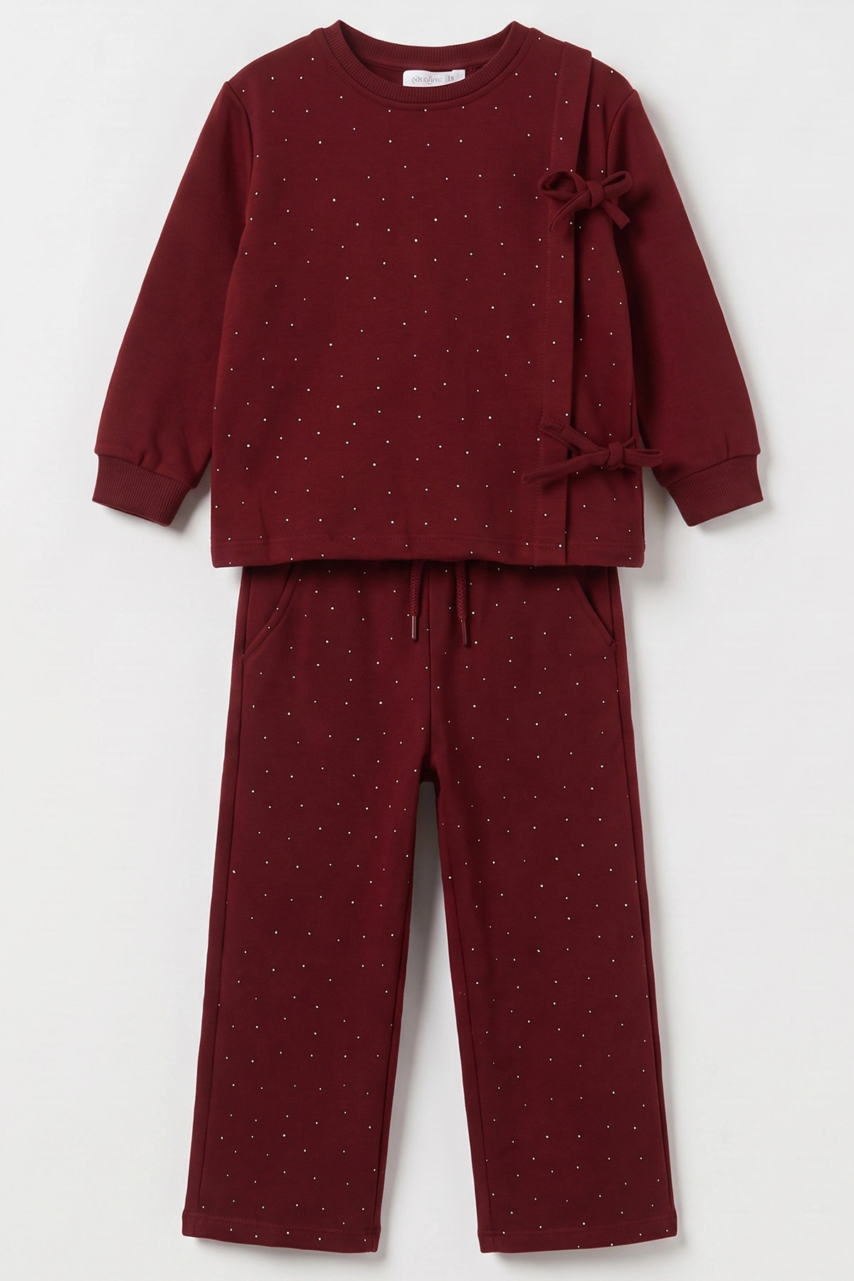 Bordo (5-10 Yaş) Kenar Kurdela Detaylı Taş Baskılı Oysho Kumaş Kız Çocuk Mevsimlik Takım 494967