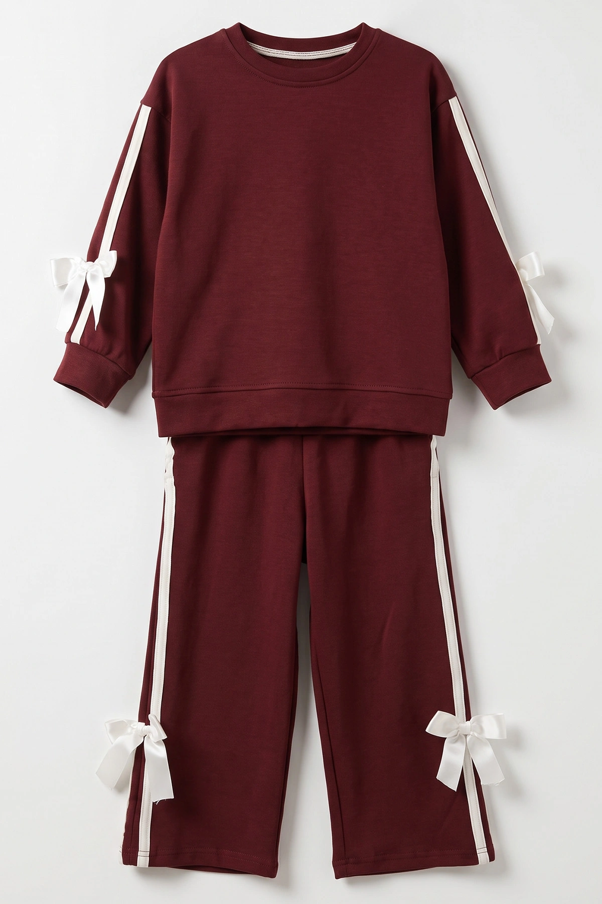 Bordo (5-12 Yaş) Koldan Fiyonklu Şerit Çizgili Kız Çocuk Mevsimlik Takım 482039