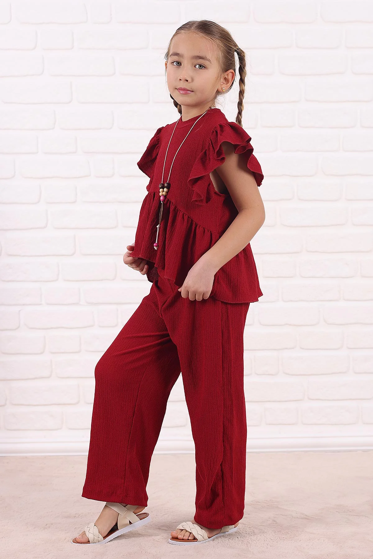 Bordo (5-13 Yaş )FırfırlI Kolye Detaylı Bürümcük Kız Çocuk Takım 332906