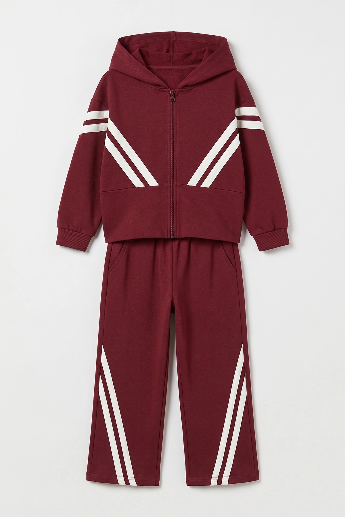 Bordo (5-15 Yaş) Çizgi Şeritli Kapüşonlu Hırkalı Oysho Kız Çocuk Takım 497483