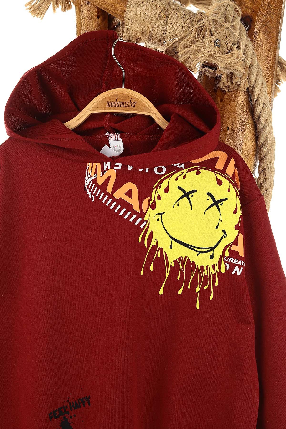 Bordo (5-8 Yaş) Feel Happy Baskılı Kapüşonlu  Mevsimlik Erkek Çocuk Sweat 157153