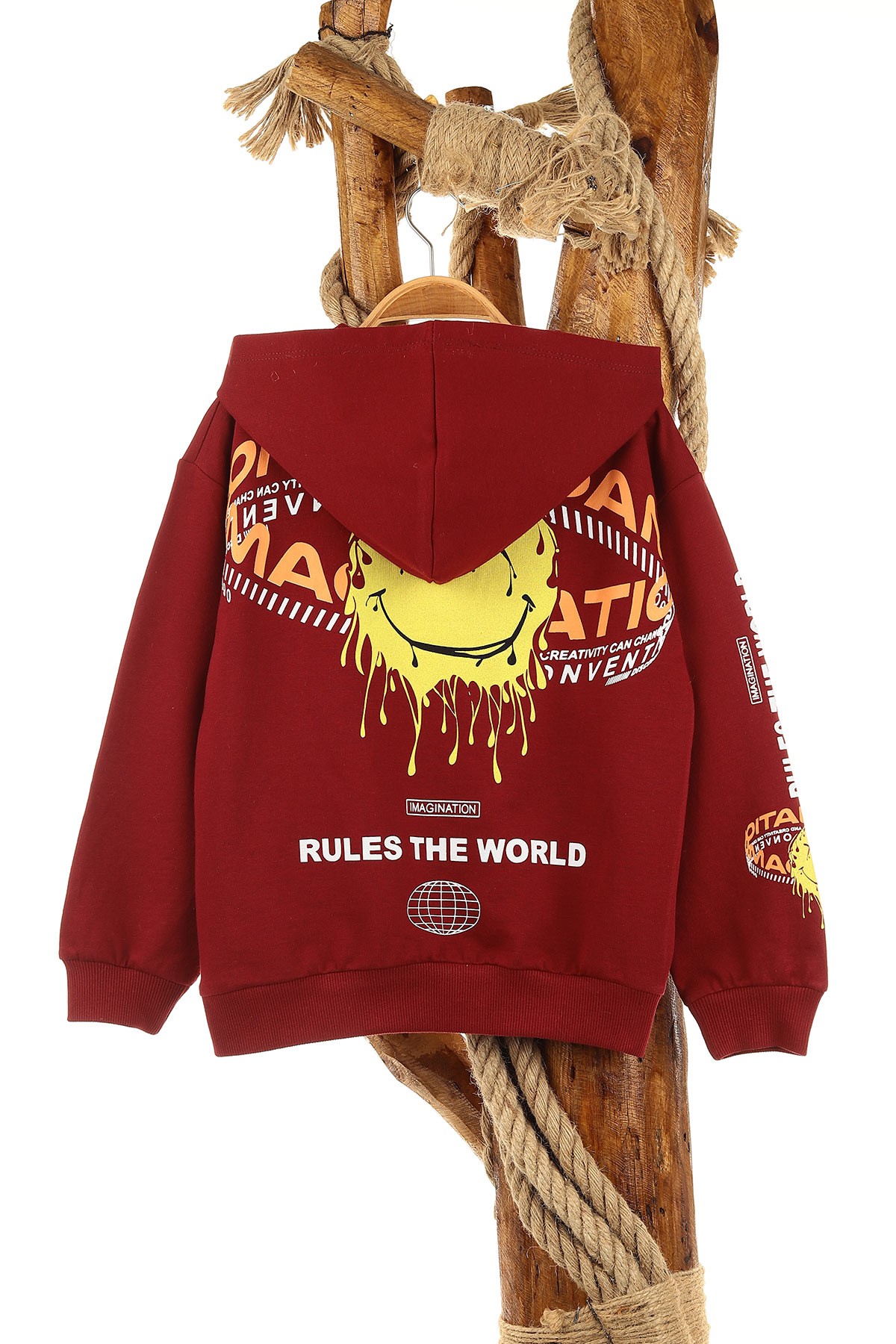 Bordo (5-8 Yaş) Feel Happy Baskılı Kapüşonlu  Mevsimlik Erkek Çocuk Sweat 157153