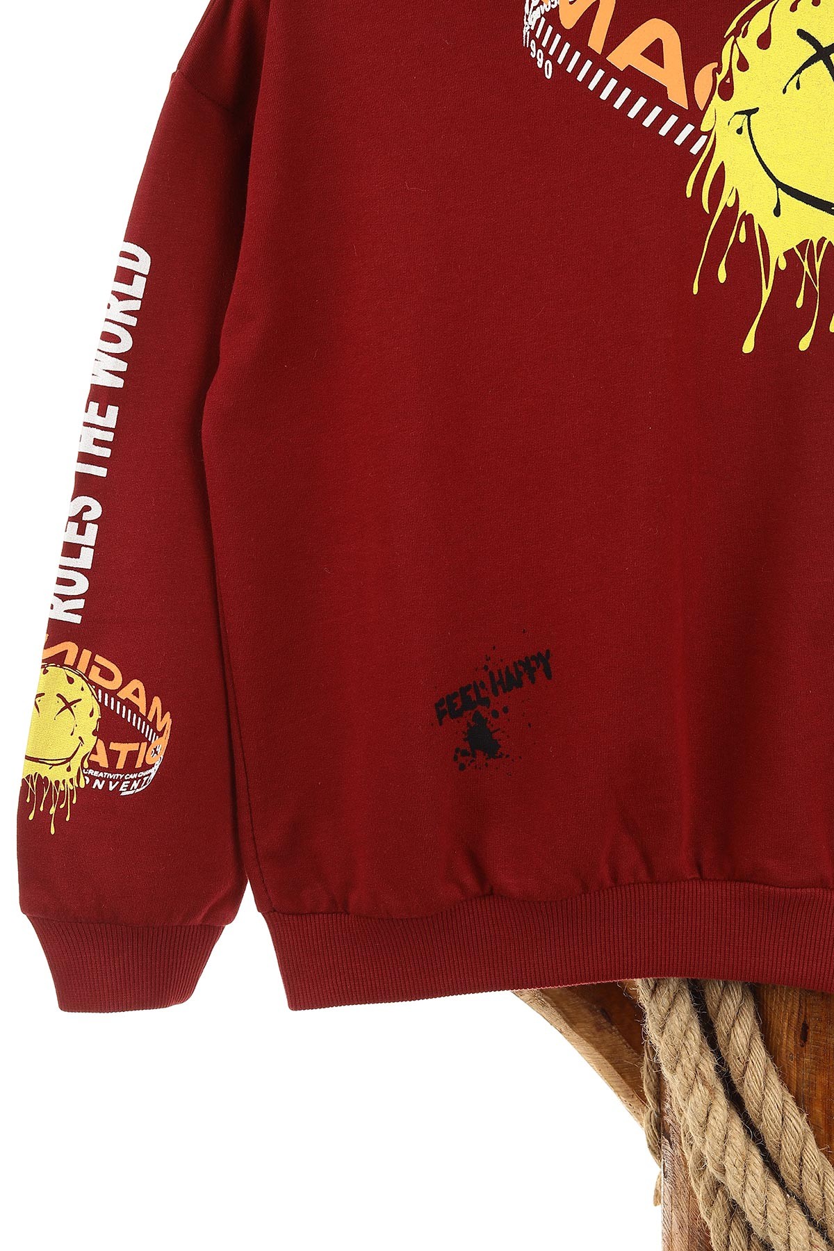 Bordo (5-8 Yaş) Feel Happy Baskılı Kapüşonlu  Mevsimlik Erkek Çocuk Sweat 157153
