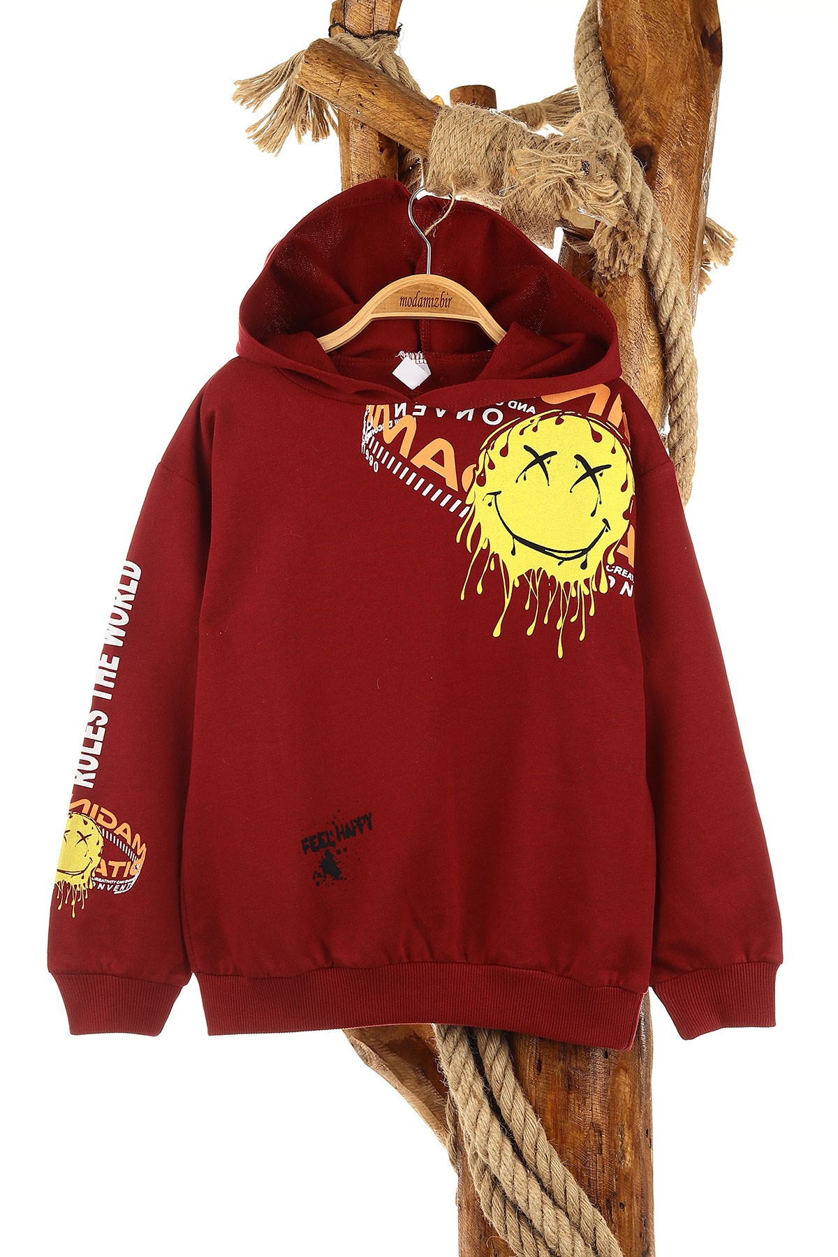 Bordo (5-8 Yaş) Feel Happy Baskılı Kapüşonlu  Mevsimlik Erkek Çocuk Sweat 157153