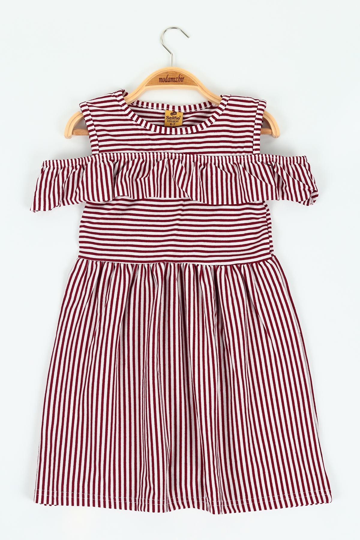 Bordo (6-10 yaş) Çizgili Viskon Kız Çocuk Elbise 118450