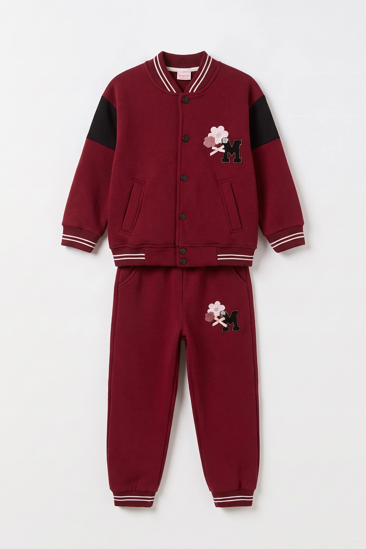 Bordo (6-10 Yaş) Süzene Papatya Nakışlı Kolej Ceketli 3 İp Şardonlu Kız Çocuk Kışlık Takım 499036
