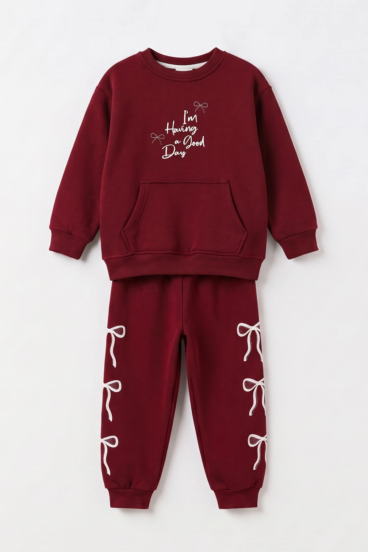 Bordo (6-10 Yaş)Baskılı Kanguru Cepli 3 İp Şardonlu Kız Çocuk Kışlık Takım 499088