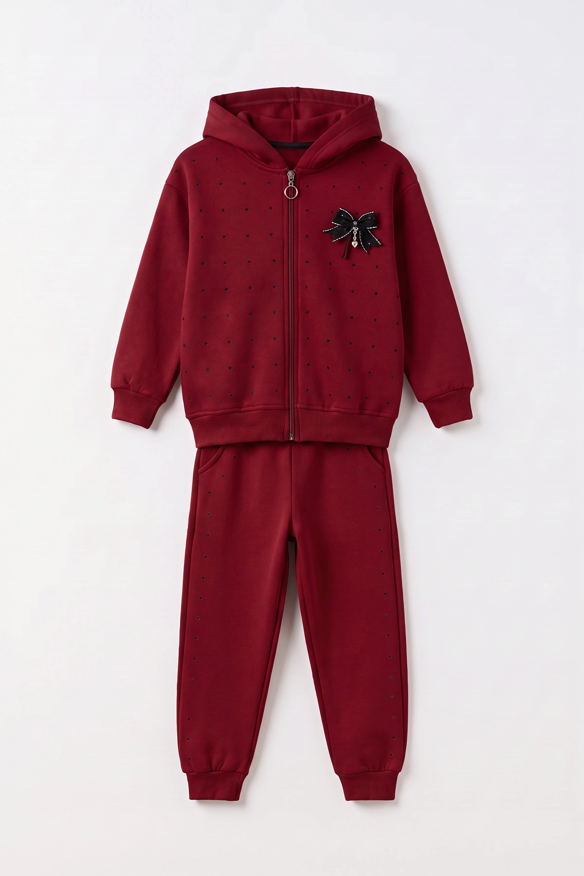 Bordo (6-10 Yaş)Taşlı Fiyonklu Kapüşonlu 3 İp Şardonlu Kız Çocuk Kışlık Takım 499092