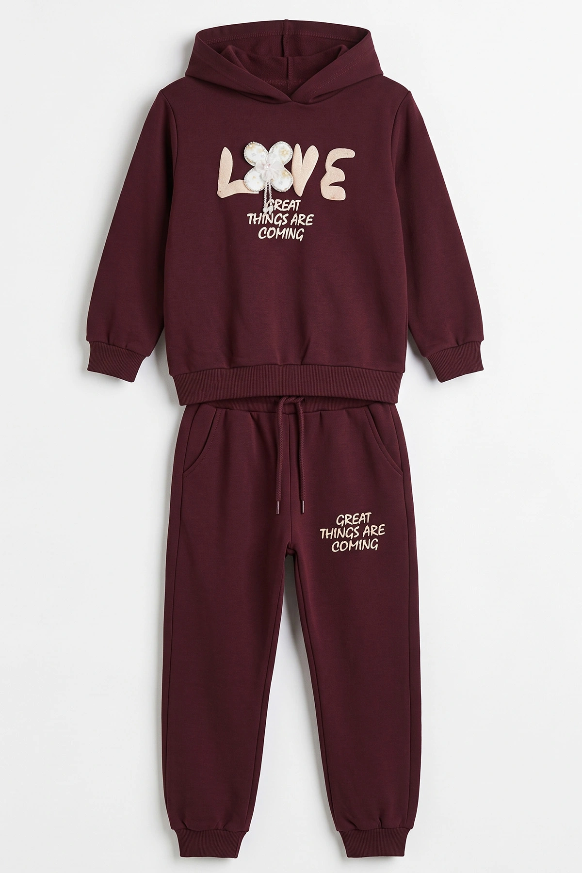 Bordo (6-12 Yaş)Love Baskılı Çiçek Aplikeli Kapüşonlu 3 İp Şardonlu Kız Çocuk Takım 479617