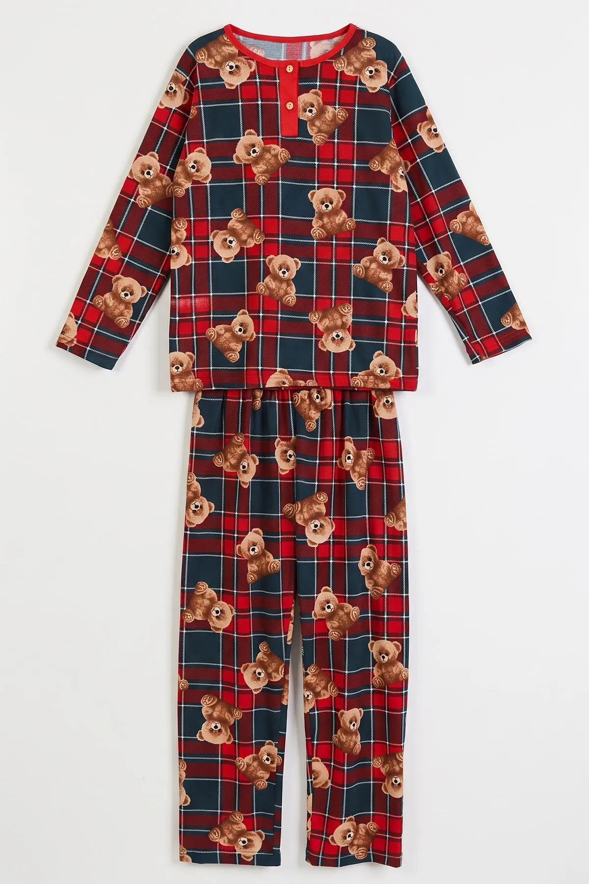 Bordo (6-14 Yaş) Desenli Yakadan Yarım Düğmeli  Süprem Kumaş Kız Çocuk Pijama Takımı 487216
