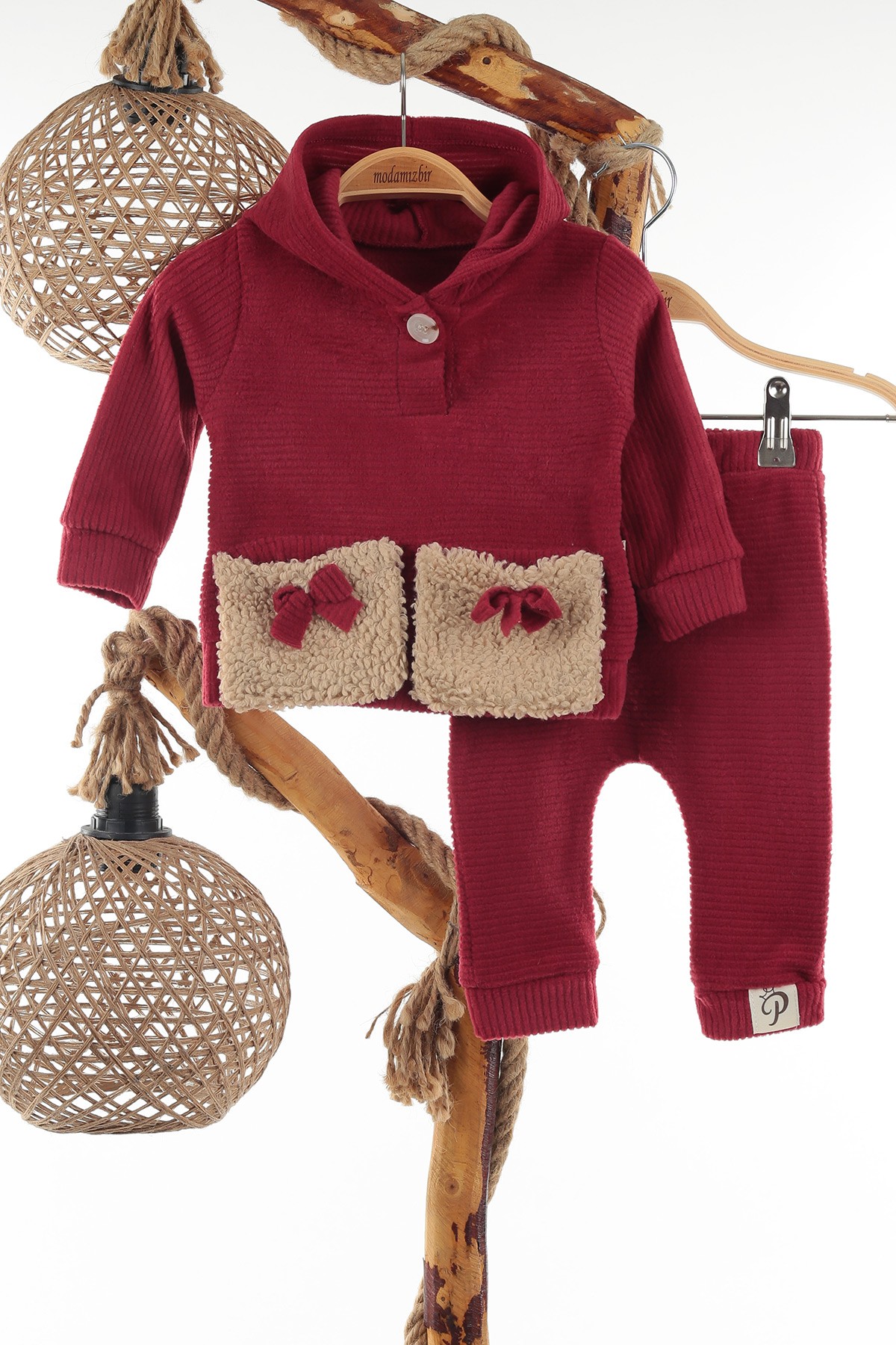 Bordo (6-18 ay) Peluş Cepli Kız Çocuk Takım 138474