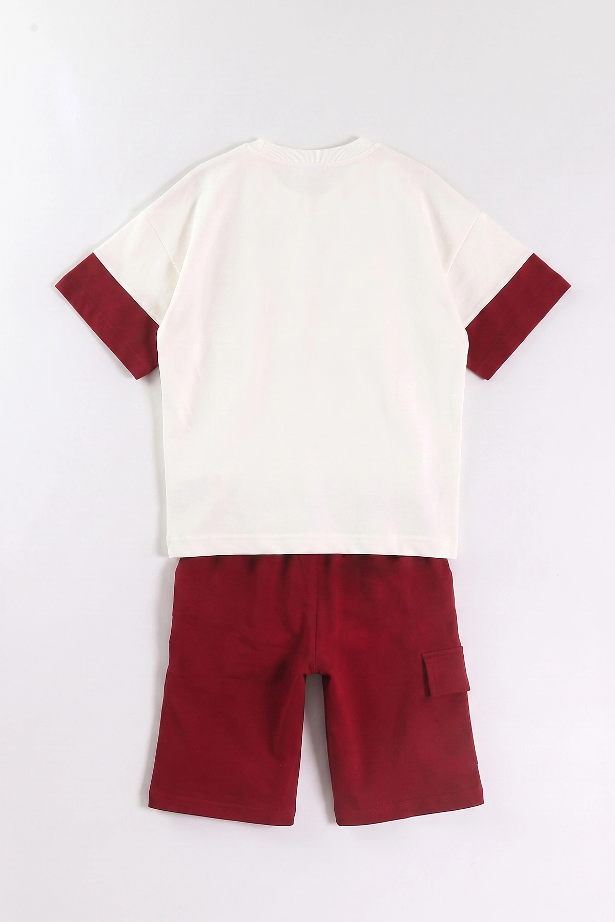 Bordo (7-12 Yaş) Nice Moments Baskılı Garnili  Cepli Şortlu  Erkek Çocuk Yazlık Takım 470081