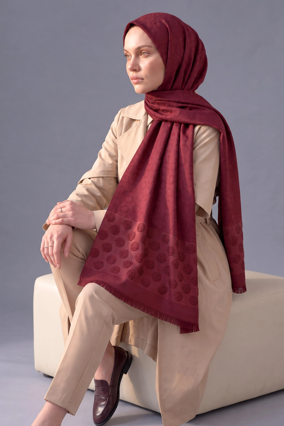 Bordo 70x180 Cm Luna Premium Jakarlı Pamuk Şal 494097
