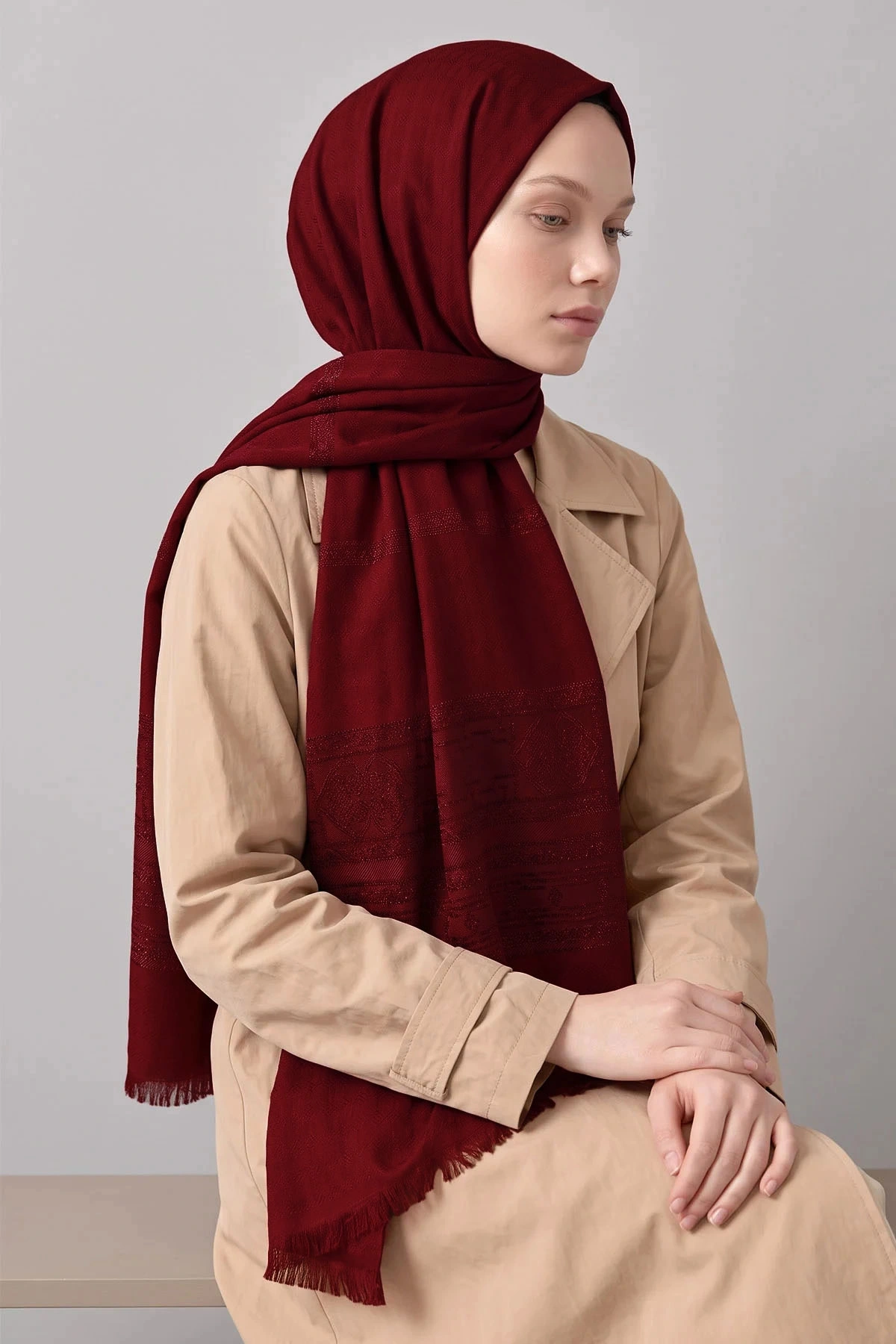 Bordo 70x180 Cm Ottoman Premium Jakarlı Pamuk Şal 494310