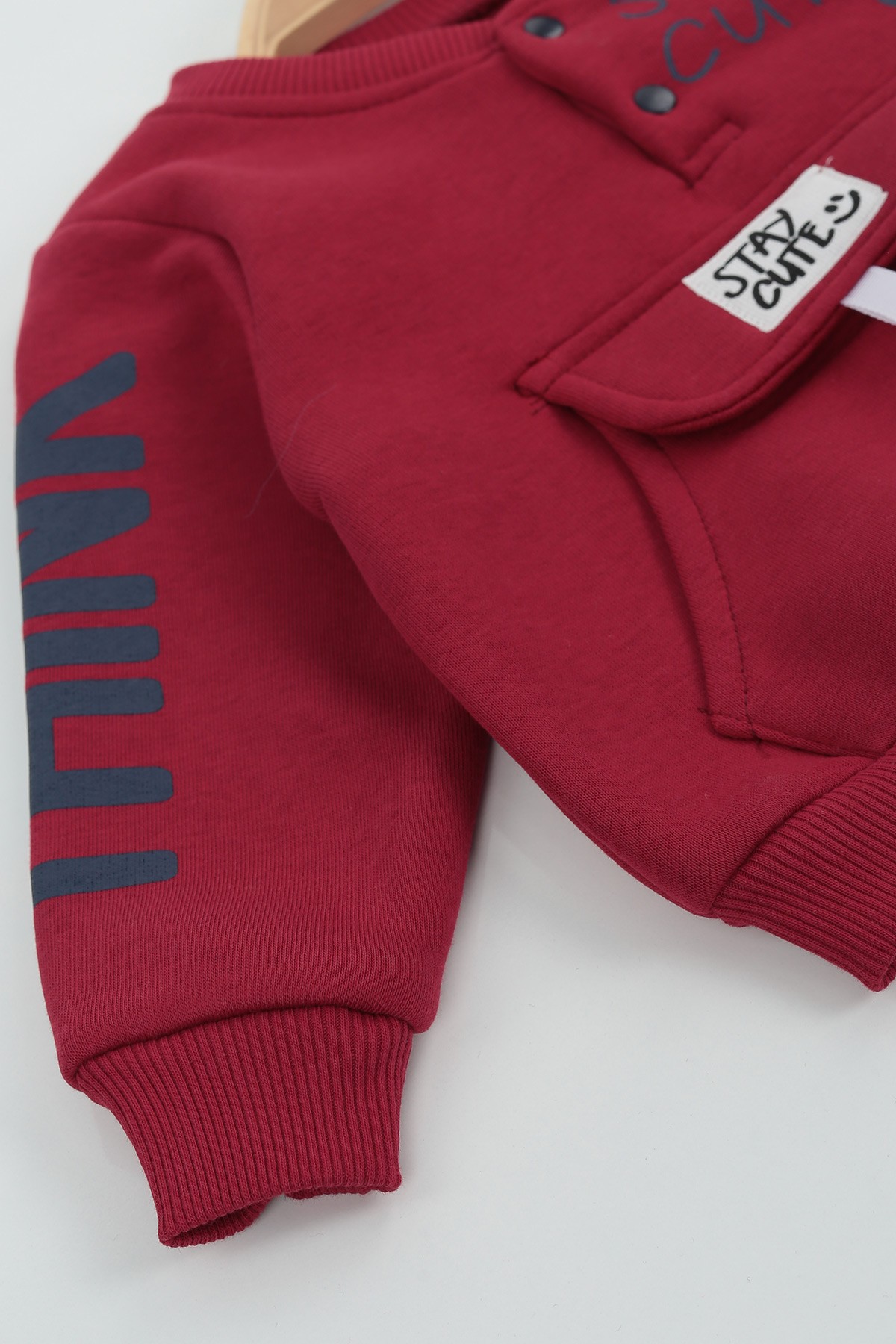 Bordo (9-24 Ay) Stay Cute Baskılı Kapak Cepli Üç İp Şardonlu Erkek Çocuk Takım 136794