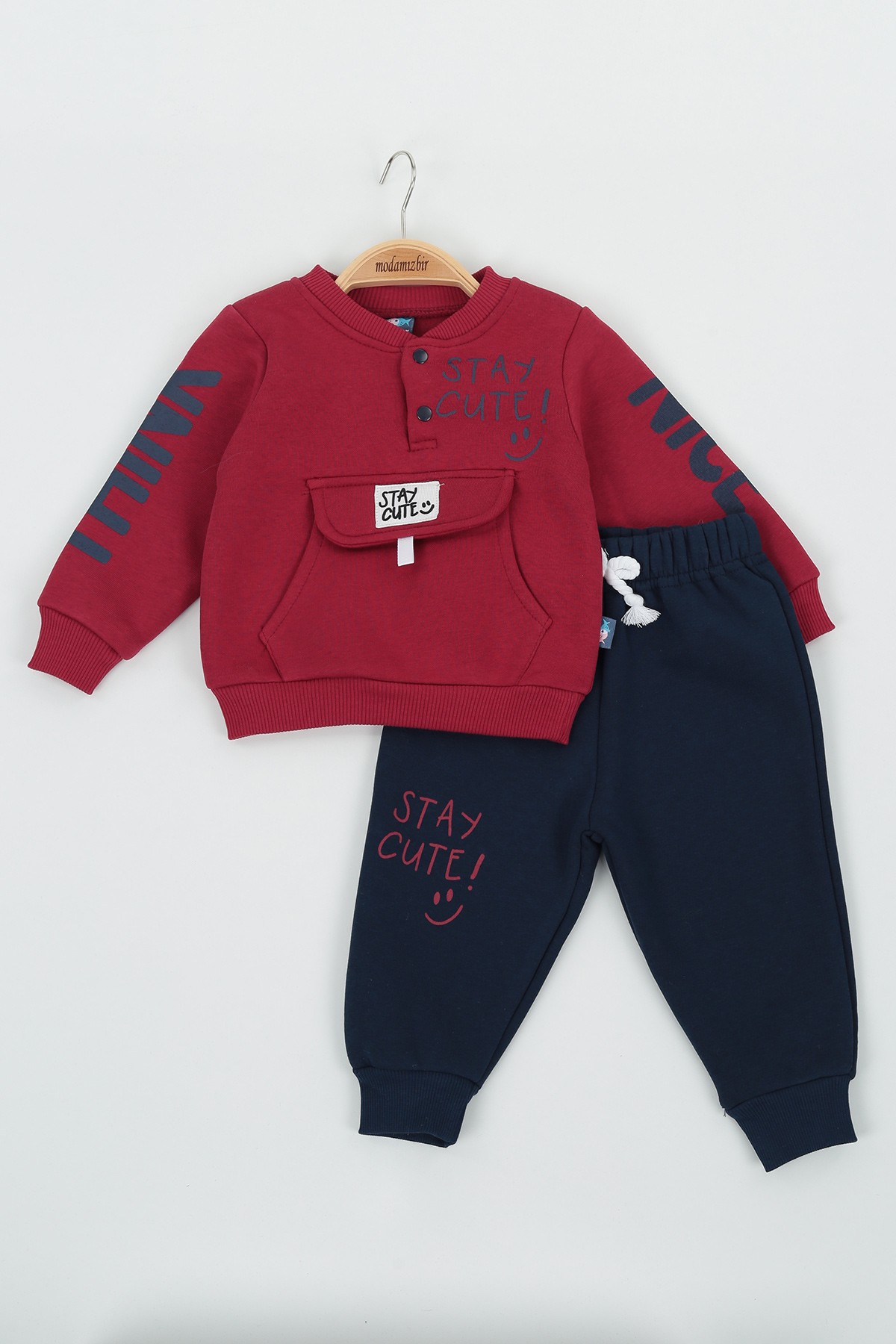 Bordo (9-24 Ay) Stay Cute Baskılı Kapak Cepli Üç İp Şardonlu Erkek Çocuk Takım 136794