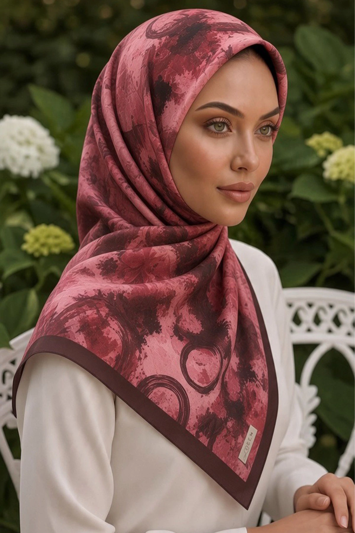 Bordo 90x90 Cm Dijital Baskılı Halka Desen Kutulu Twill Eşarp 501138