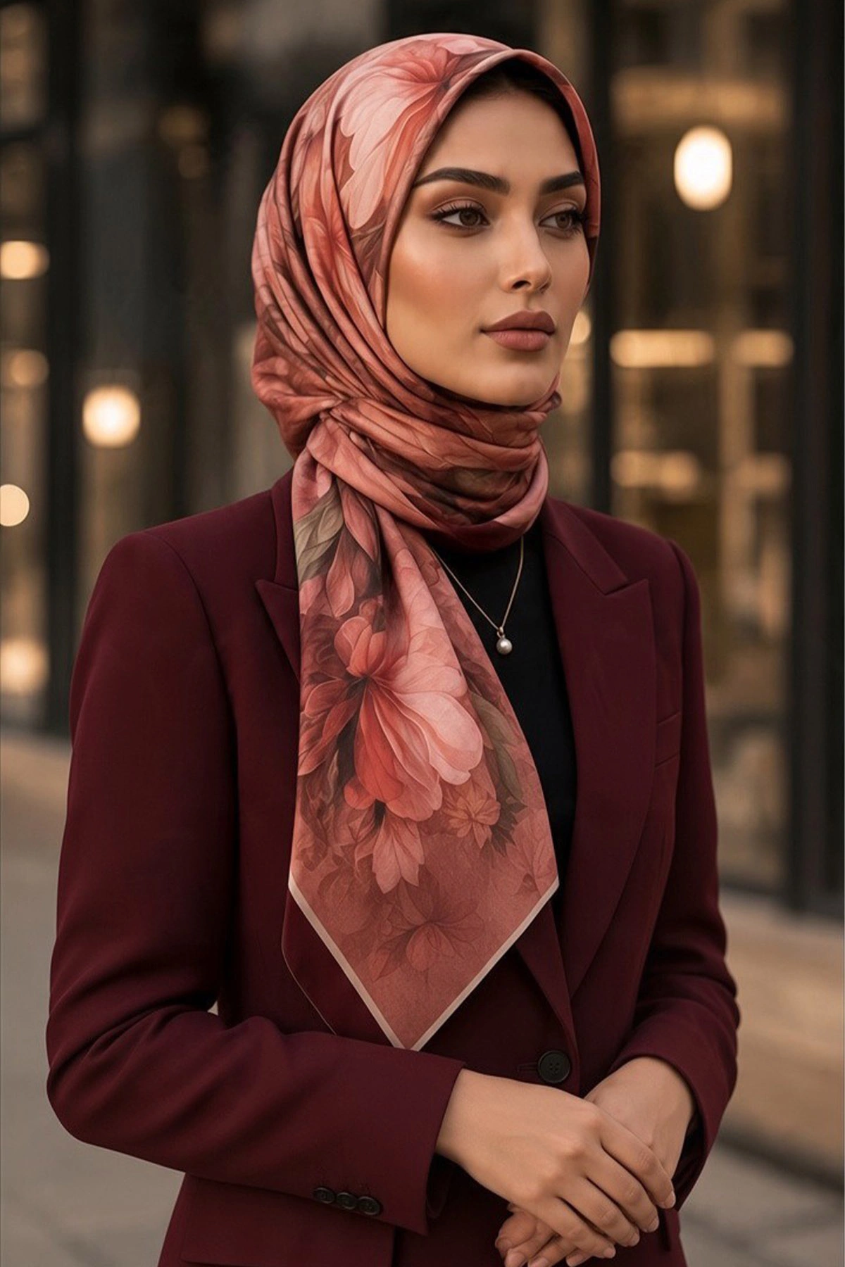 Bordo 90x90 Cm Dijital Baskılı Petalia Desen Kutulu Twill Eşarp 501137