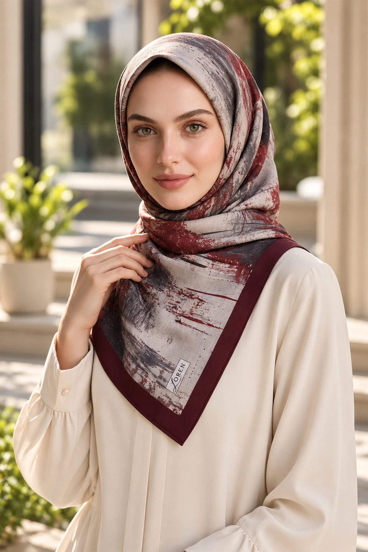 Bordo 90x90 Cm Dijital Baskılı Tela Desen Kutulu Twill Eşarp 501042