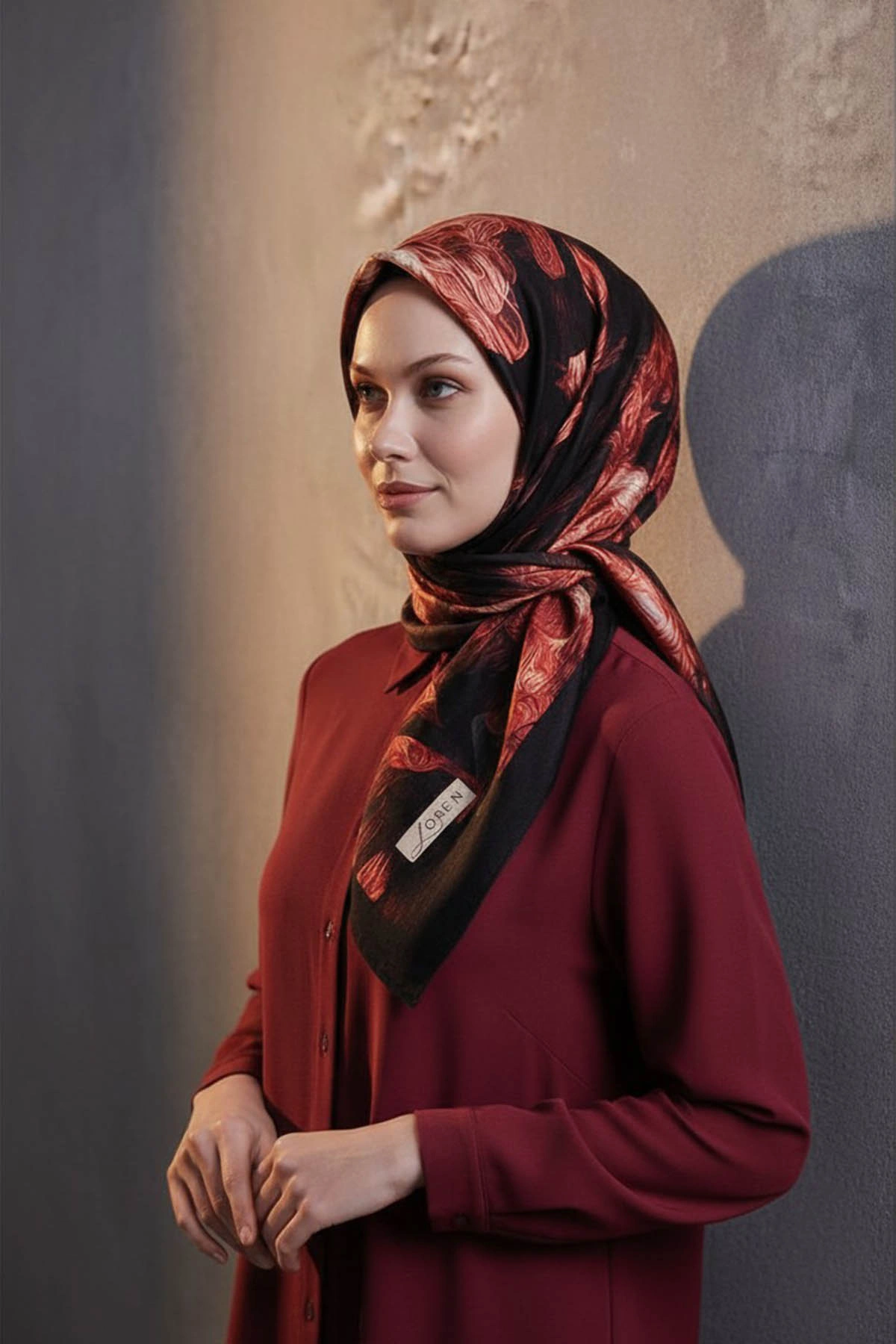 Bordo 90x90 Cm Dijital Baskılı Velvet Bloom Desen Soft Eşarp 498536