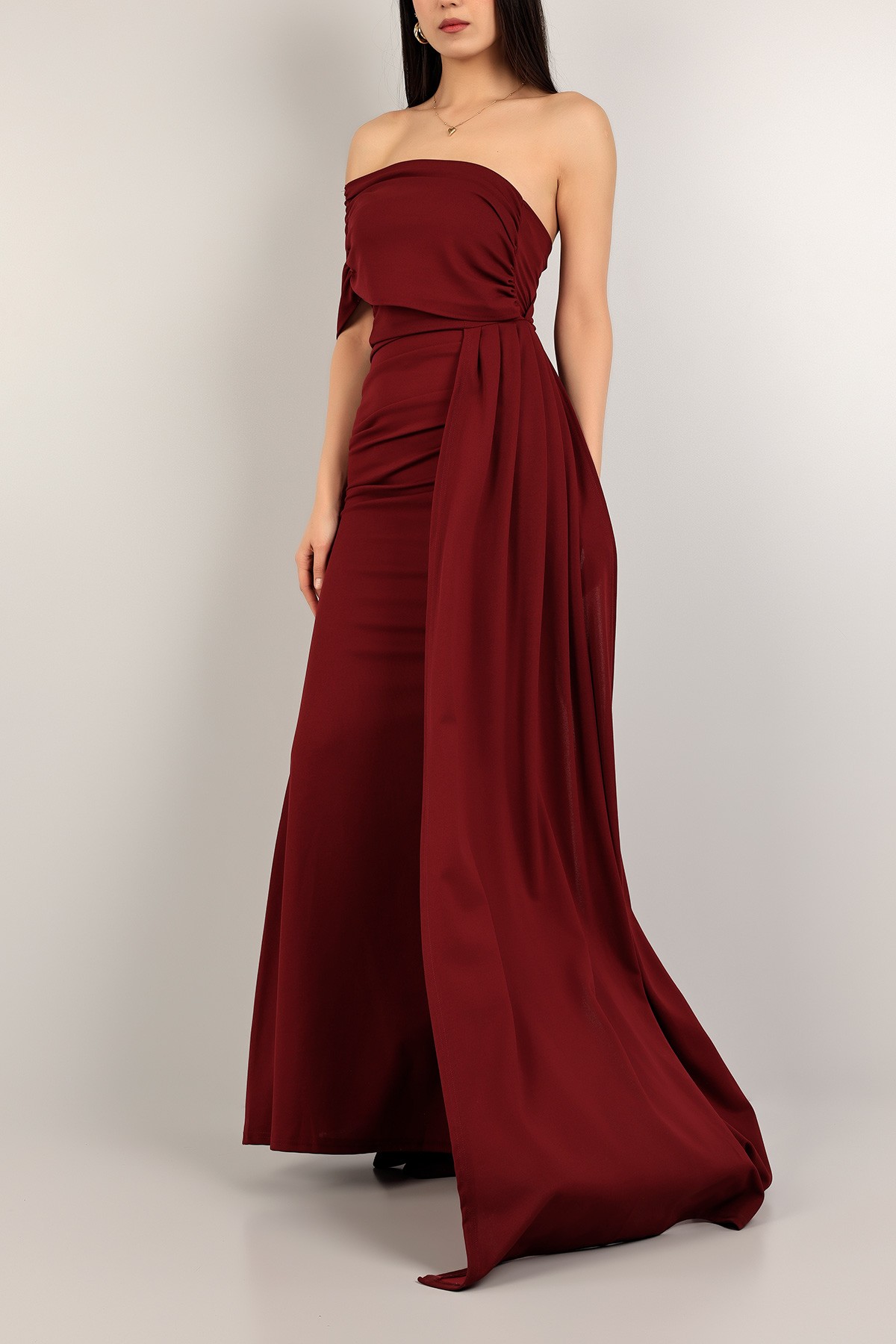 Bordo Açık Omuz Krep Uzun Abiye 109390