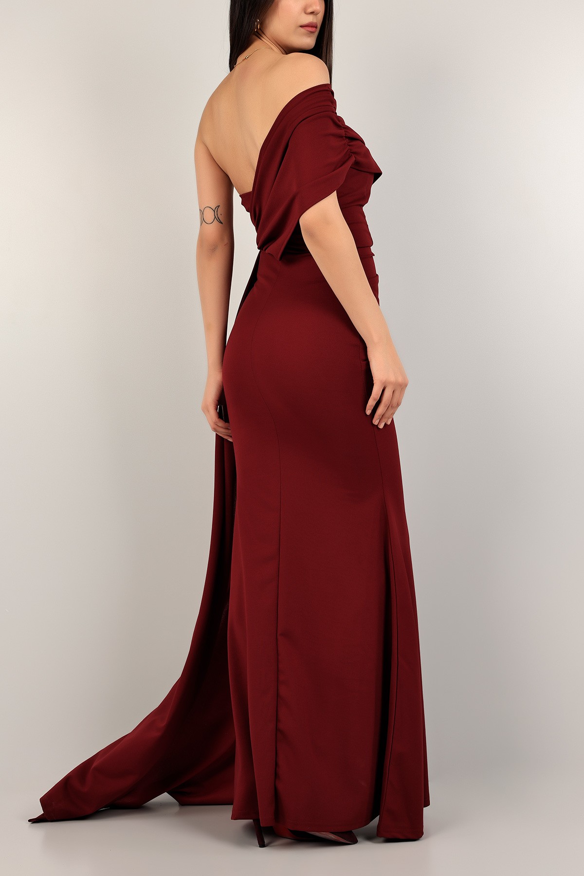 Bordo Açık Omuz Krep Uzun Abiye 109390
