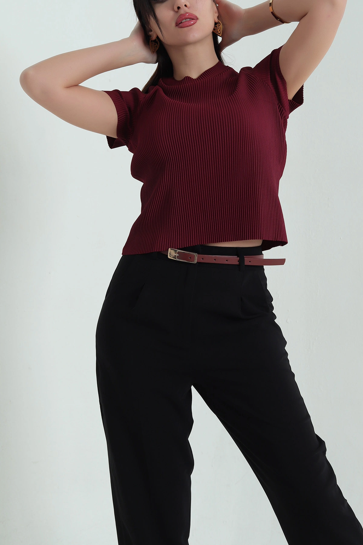 Bordo Akordiyon Kumaş Kadın Tişört 334131
