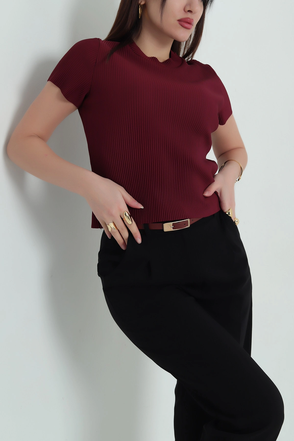 Bordo Akordiyon Kumaş Kadın Tişört 334131