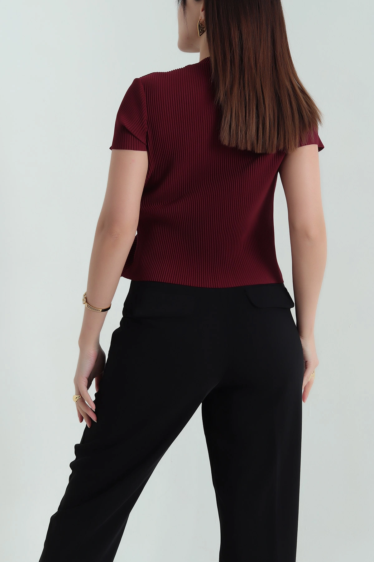 Bordo Akordiyon Kumaş Kadın Tişört 334131