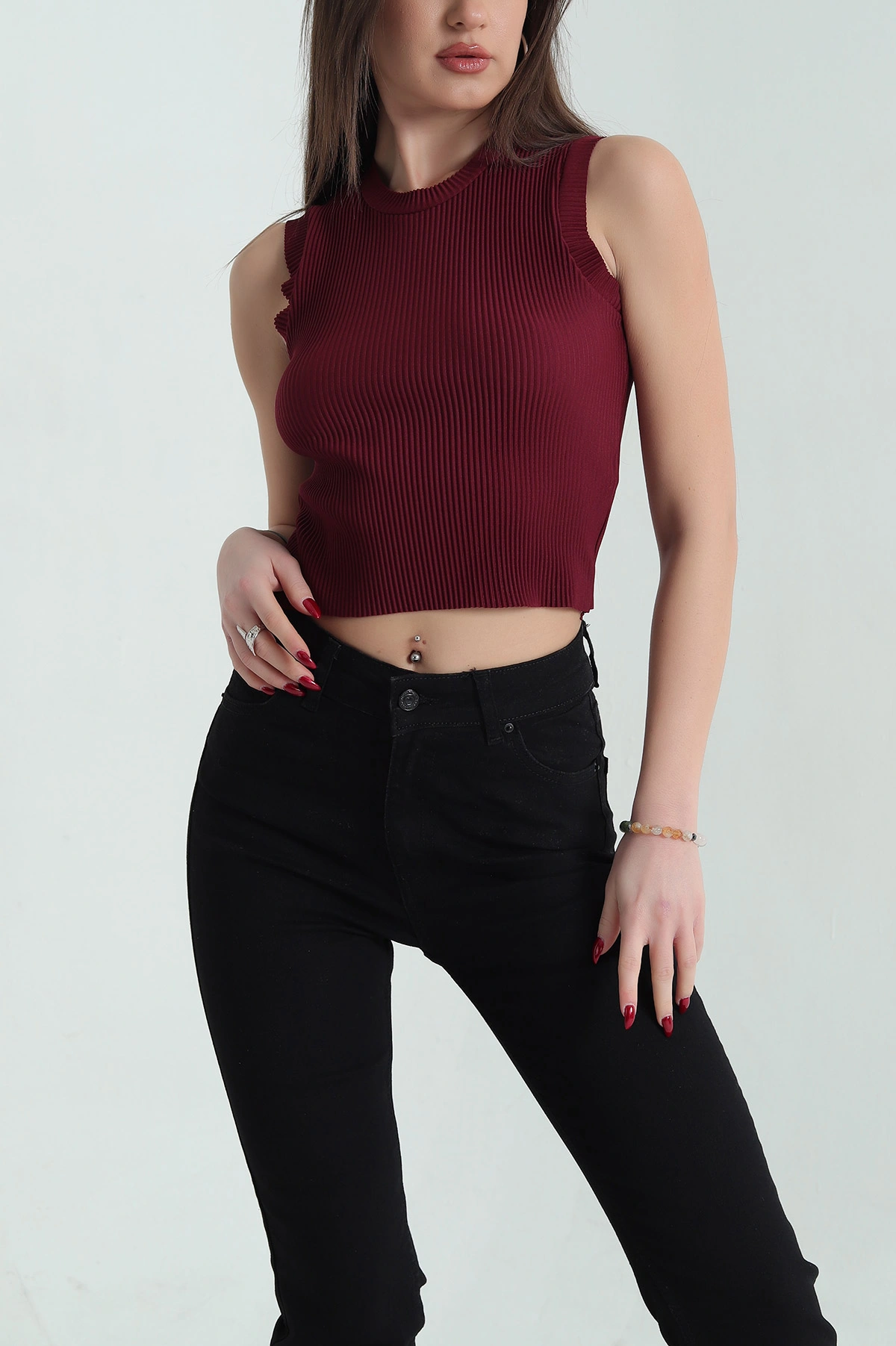 Bordo Akordiyon Kumaş Kolsuz Tişört 334148