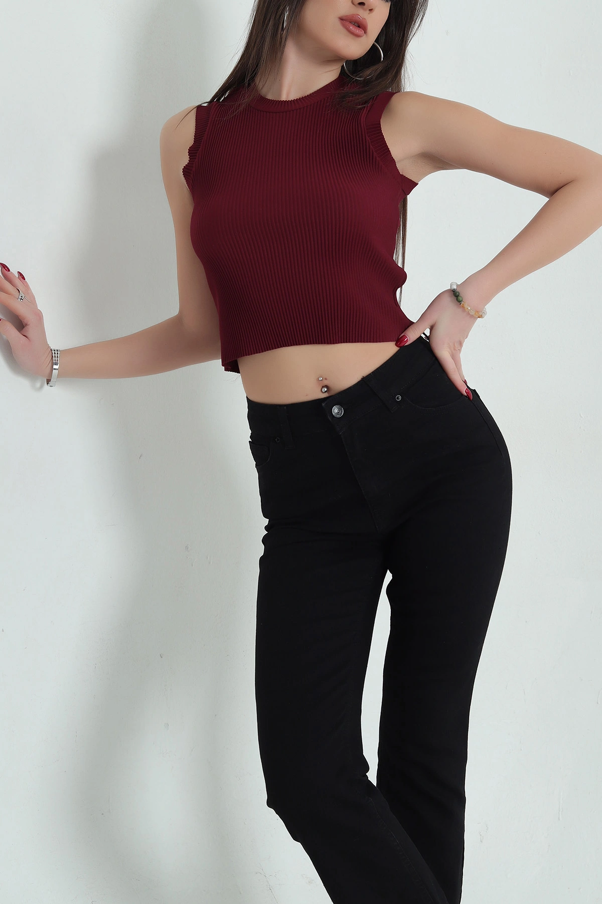 Bordo Akordiyon Kumaş Kolsuz Tişört 334148