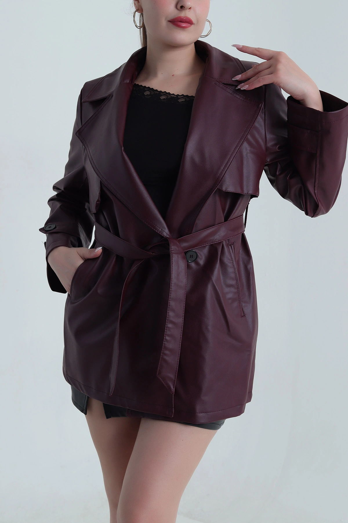 Bordo Ara Boy Deri Kadın Deri Trenç 486017
