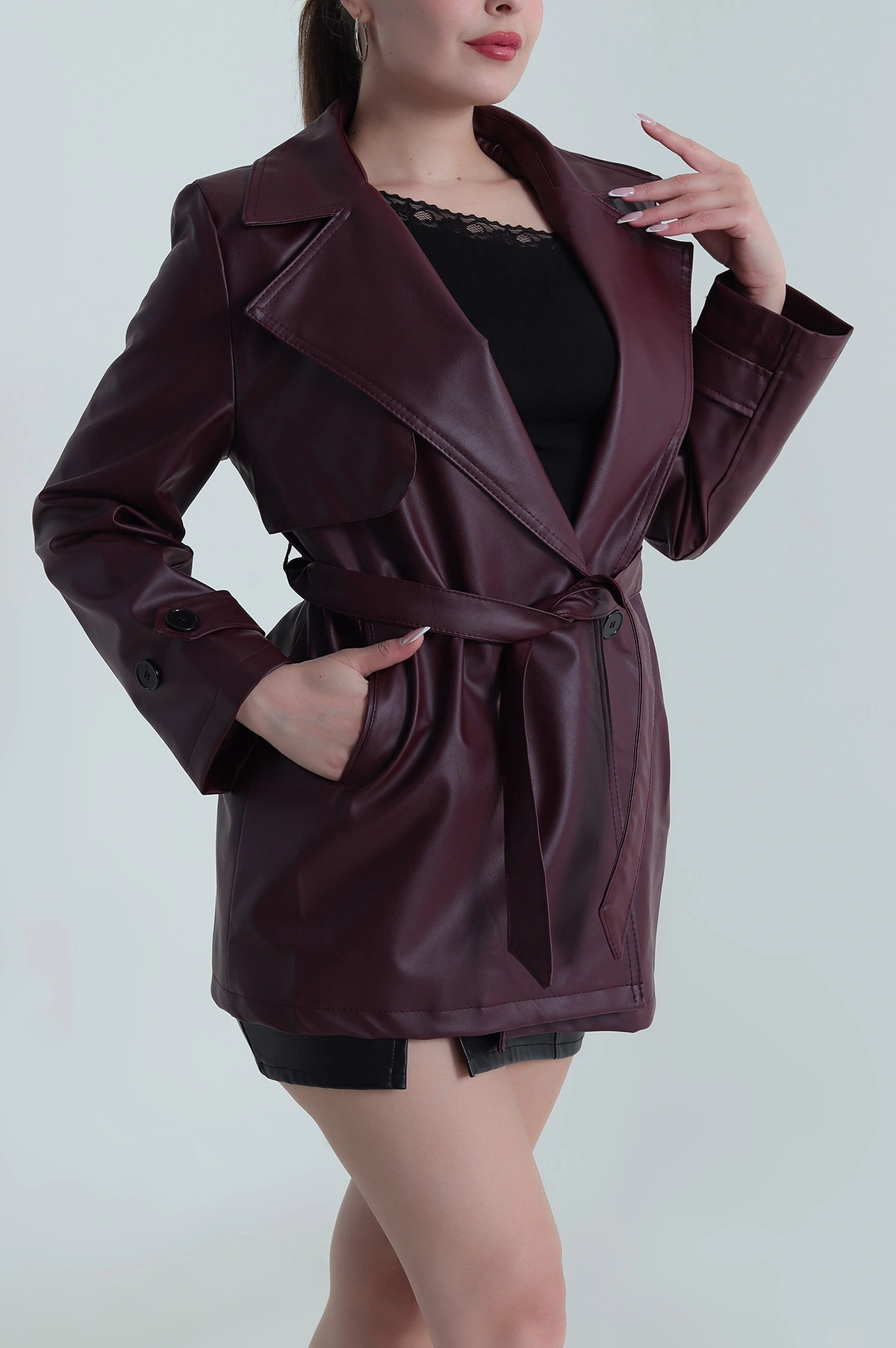 Bordo Ara Boy Deri Kadın Deri Trenç 486017