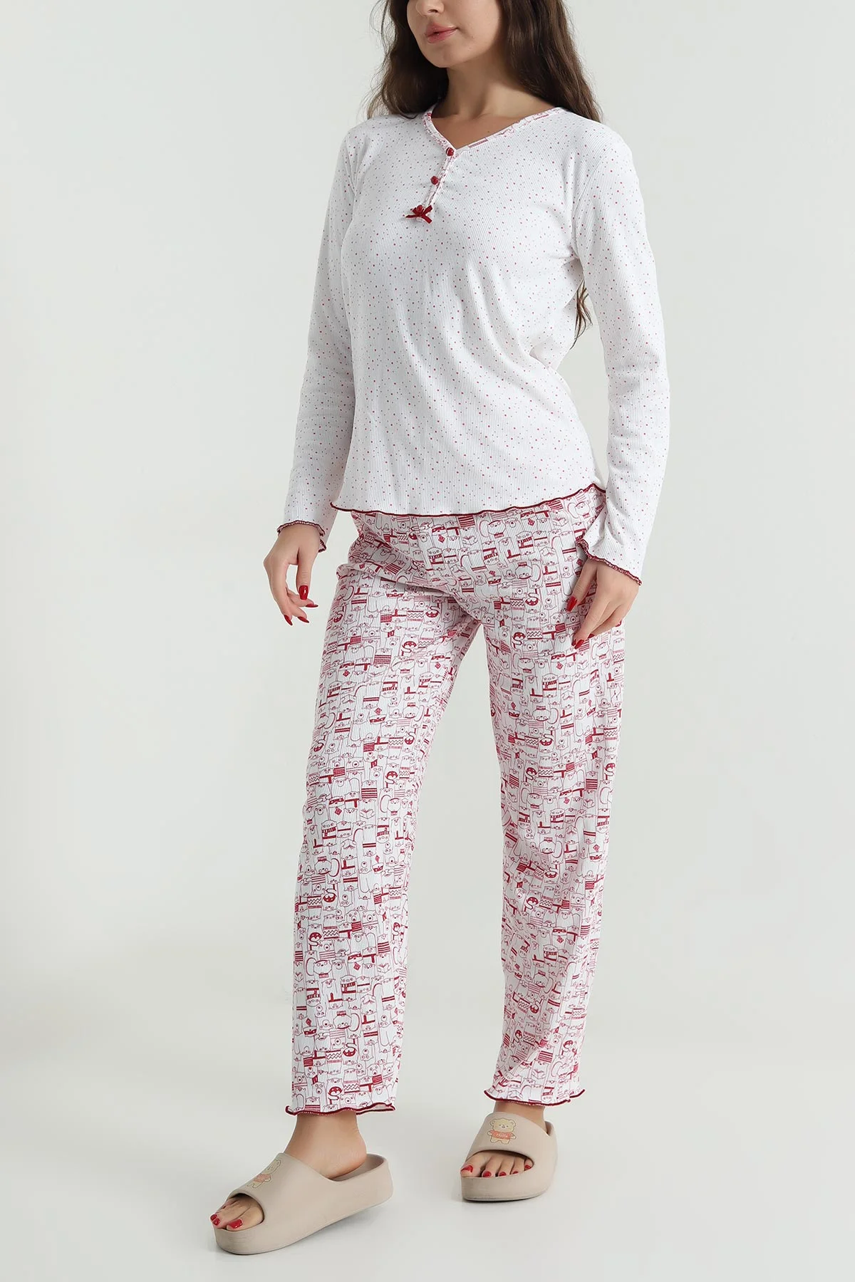 Bordo Armut Yaka Fitilli Kadın Pijama Takımı 494672