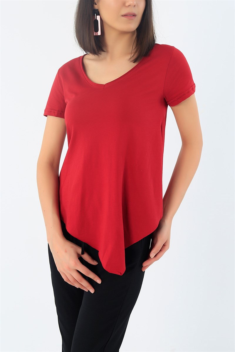 Bordo Asimetrik Kesim V Yaka Bayan Tişört 33045